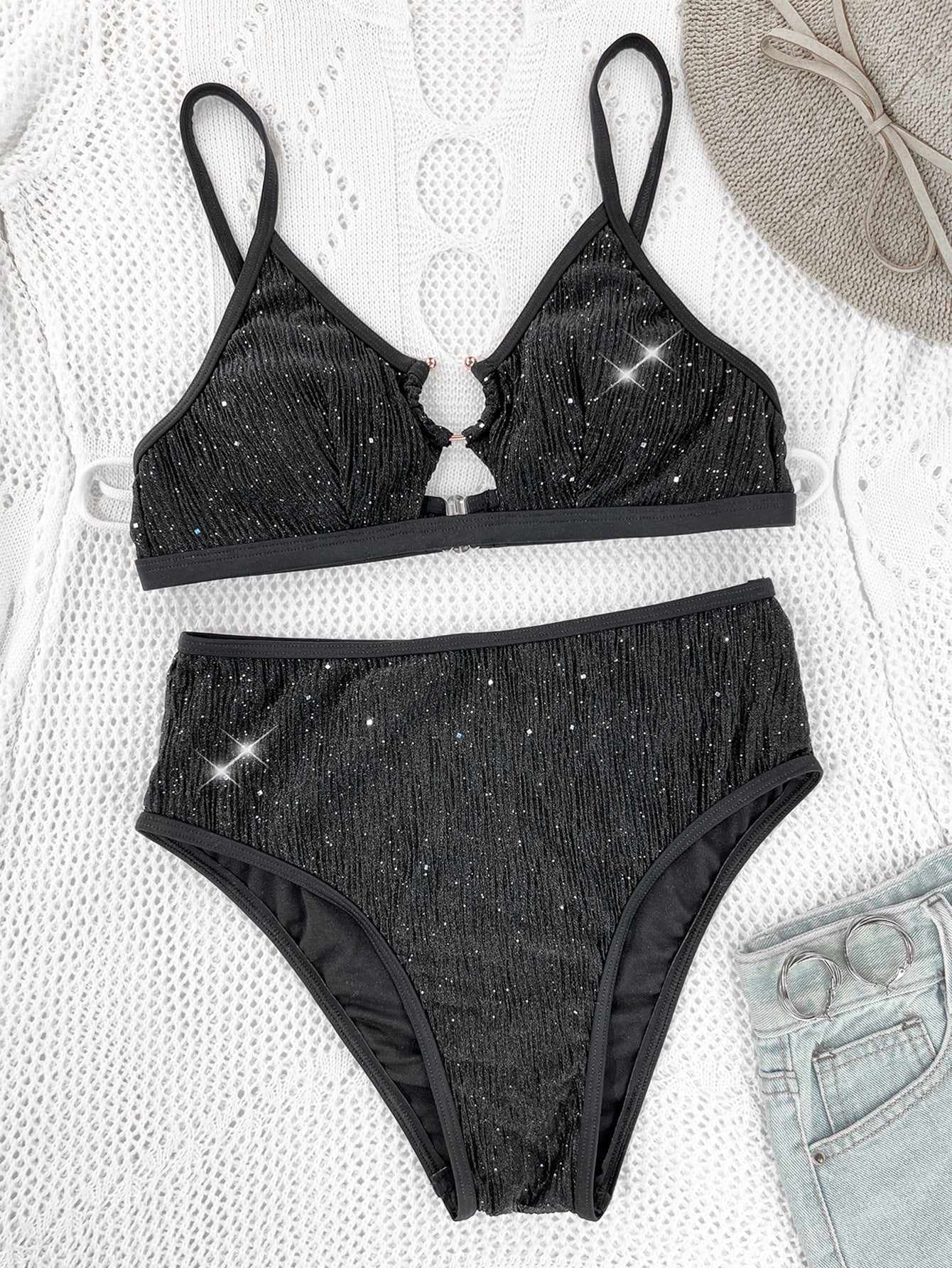 Women's Split Sequins Metal Ring High Waist Sexy Swimsuit - Peek A Boo Undies