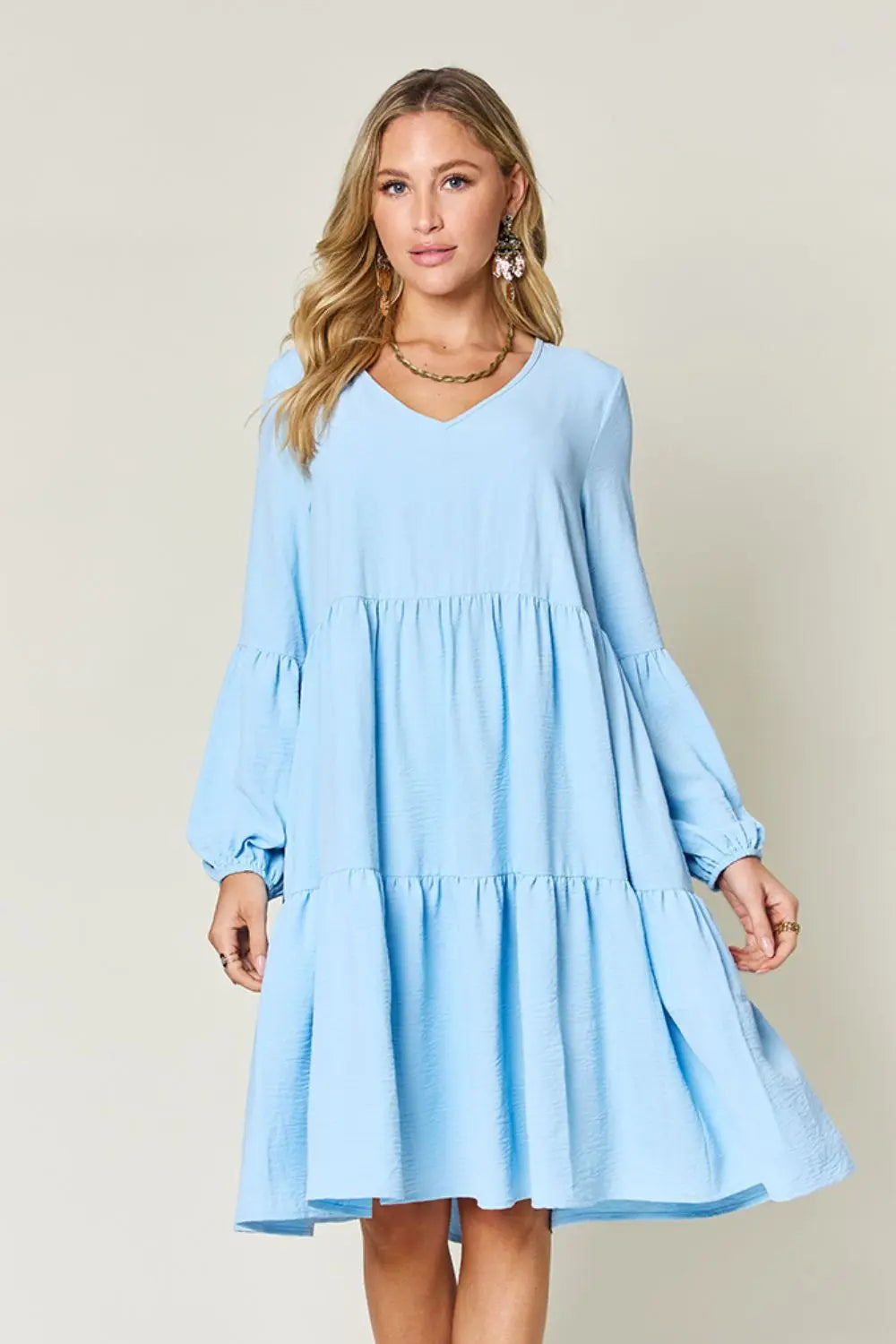 Double Take Full Size V-Neck Balloon Sleeve Tiered Dress with Pockets - Image #26