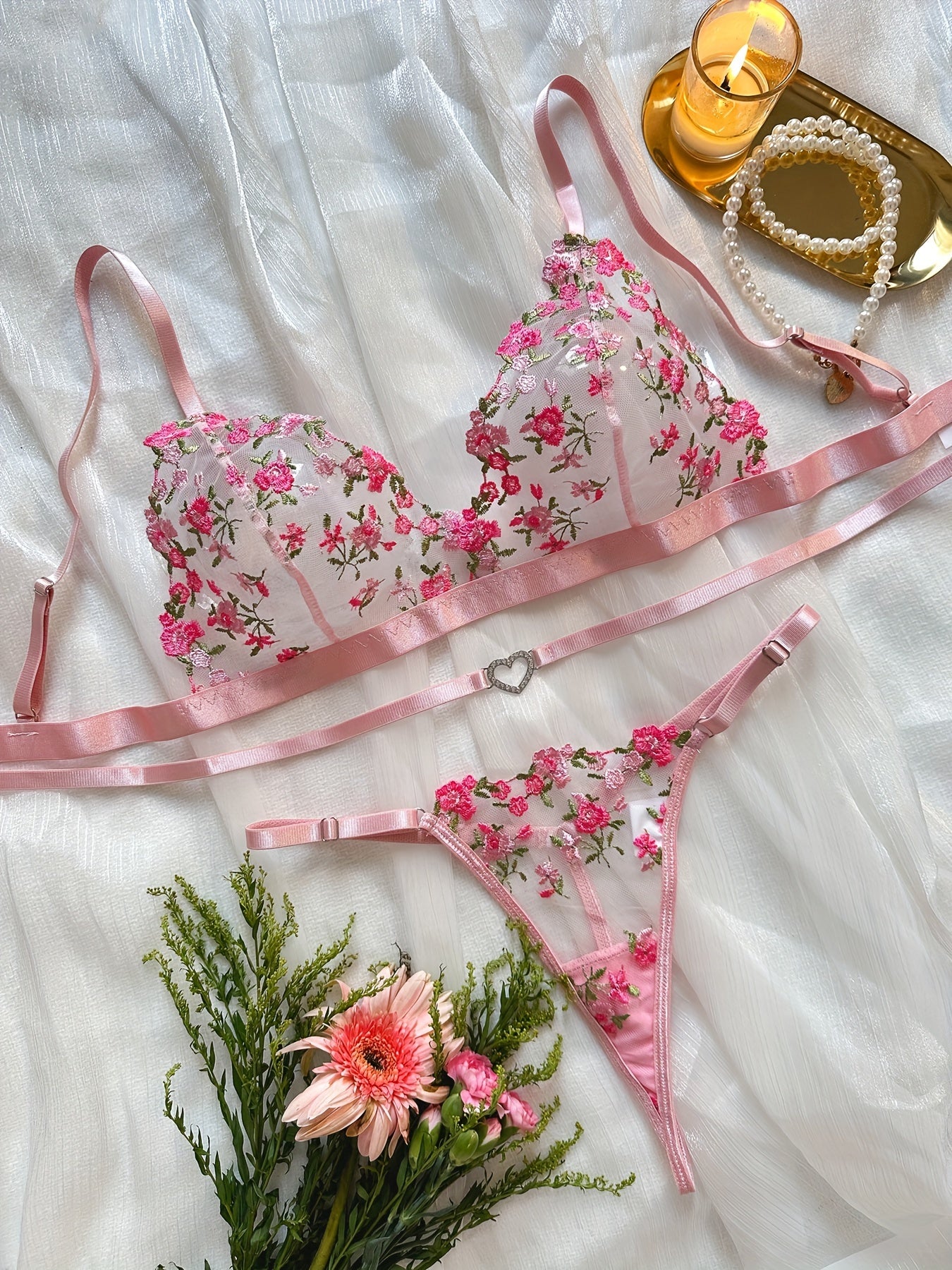 Floral Embroidery Lingerie Set, Cut Out Unlined Bra & Mesh Thong, Women's Sexy Lingerie & Underwear