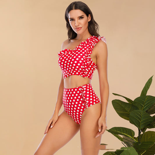 Flounced One-shoulder Bikini High Waist Swimming Trunks Swimsuit Set - Peek A Boo Undies