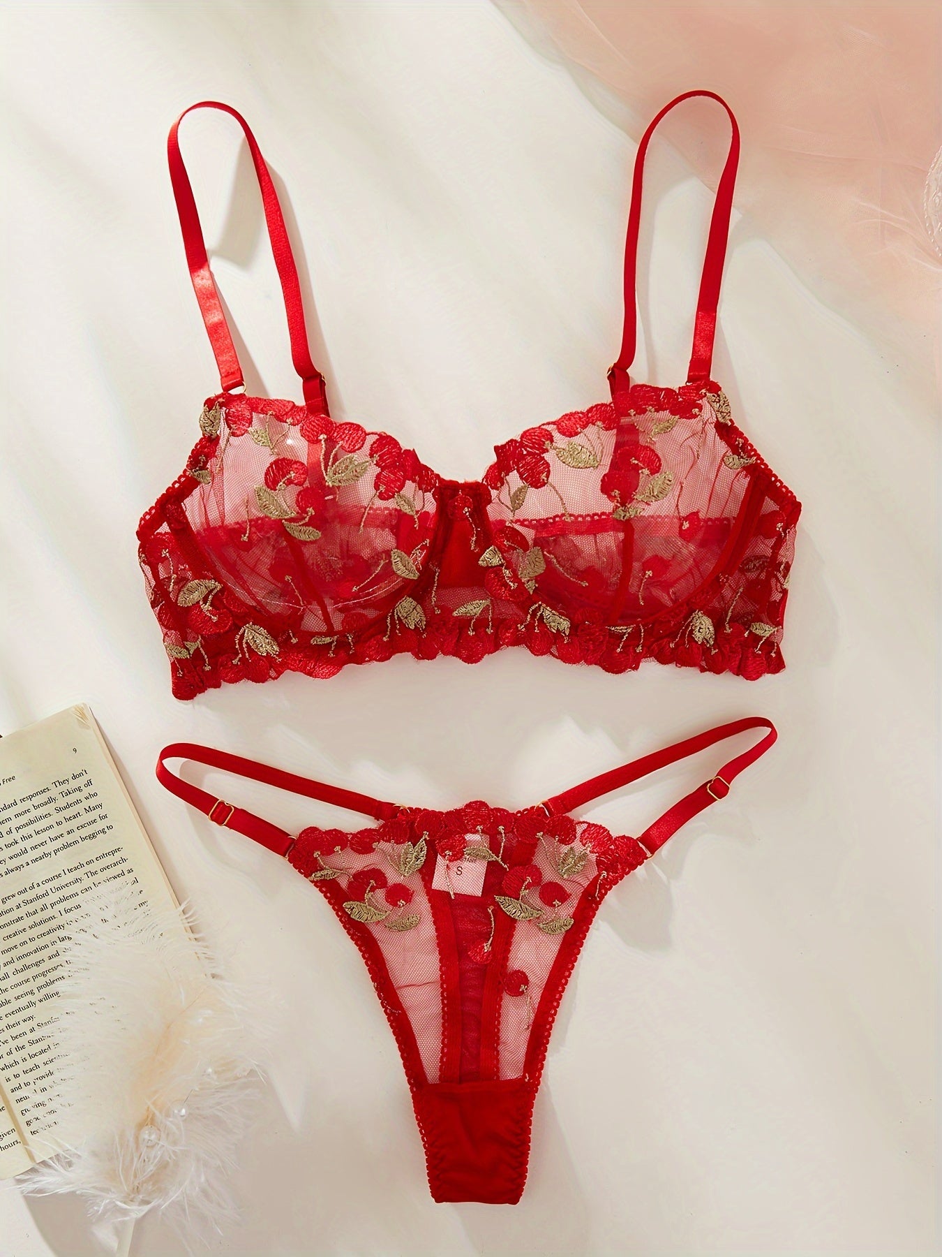 Cherry Embroidery Lingerie Set, Sheer Unlined Bra & Mesh Thong, Women's Sexy Lingerie & Underwear