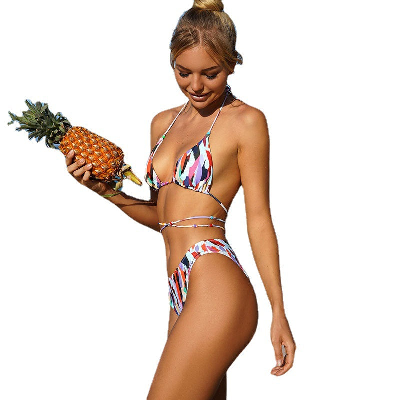 Swimsuit Women's Printed Contrast Color Split Bikini Strap Suit