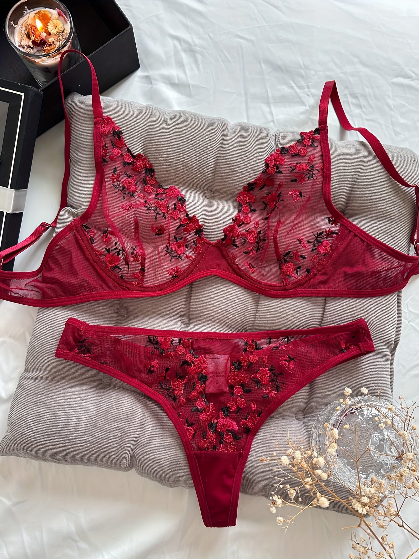 Floral Embroidery Lingerie Set, Mesh Unlined Bra & Thong, Women's Sexy Lingerie & Underwear