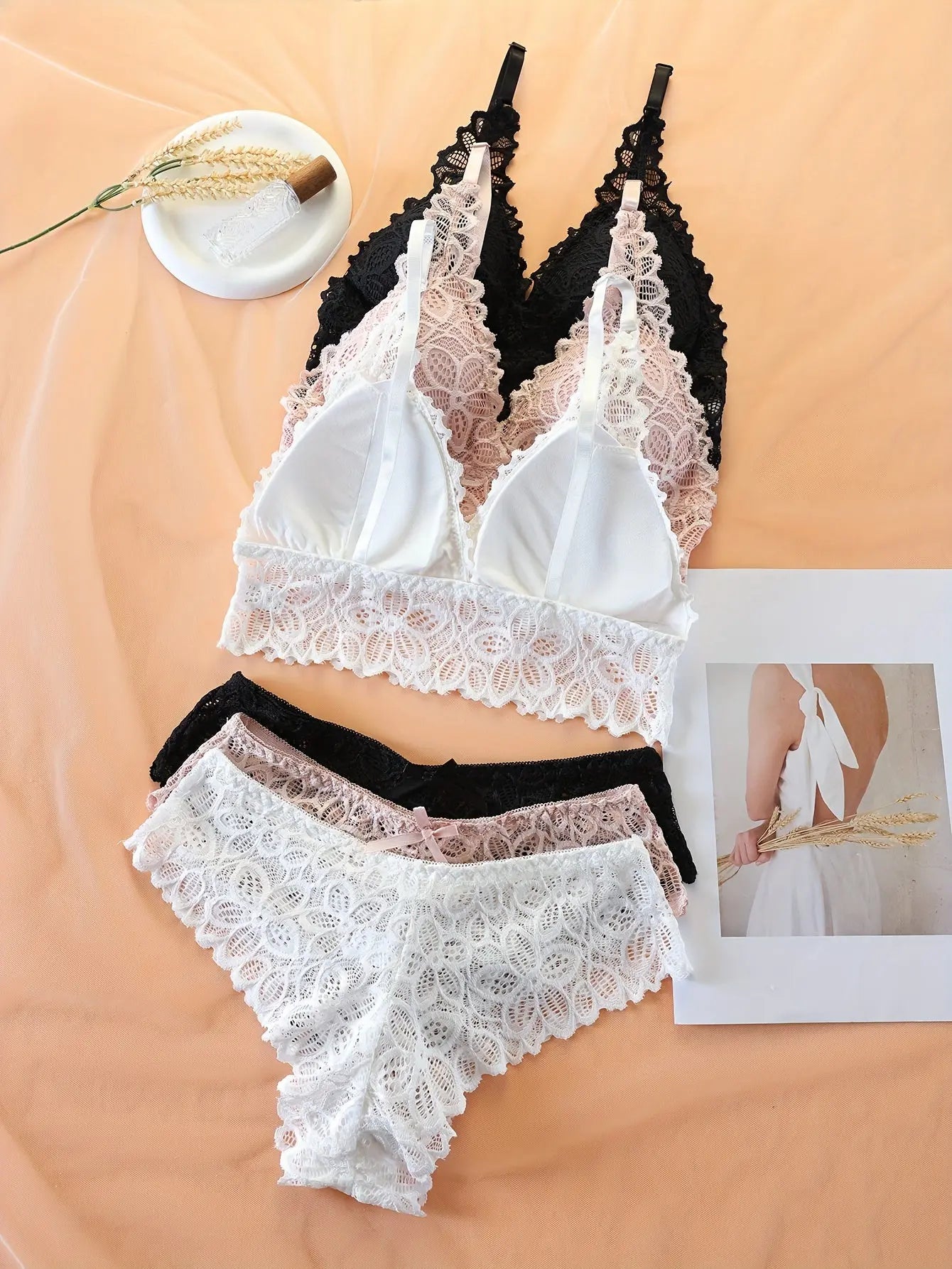 3 Sets Floral Lace Bra & Panties, Wireless Push Up Bra & Bow Tie Panties Lingerie Set, Women's Lingerie & Underwear - Image #9