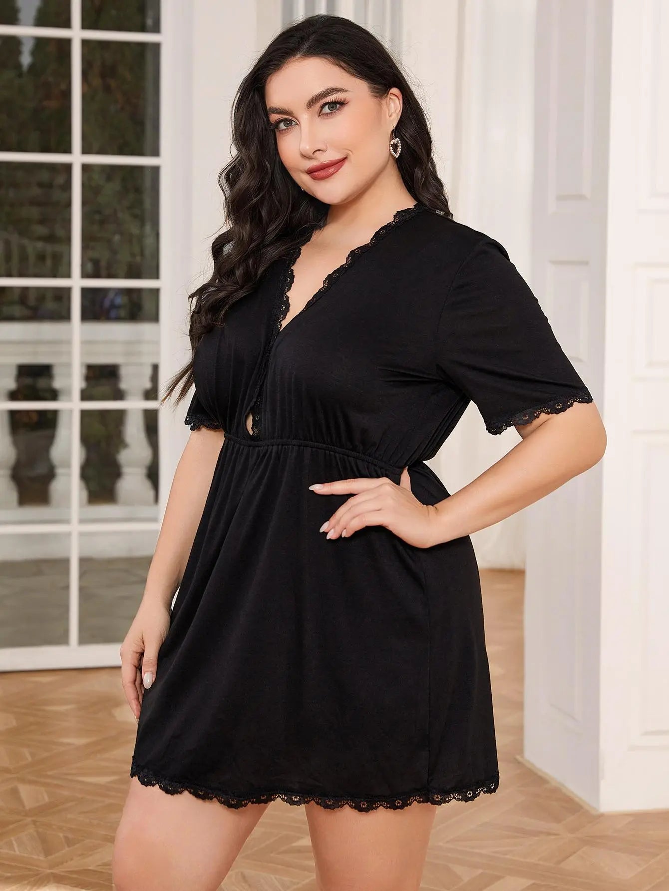 Plus Size Lace Trim Deep V Night Dress - Image #4