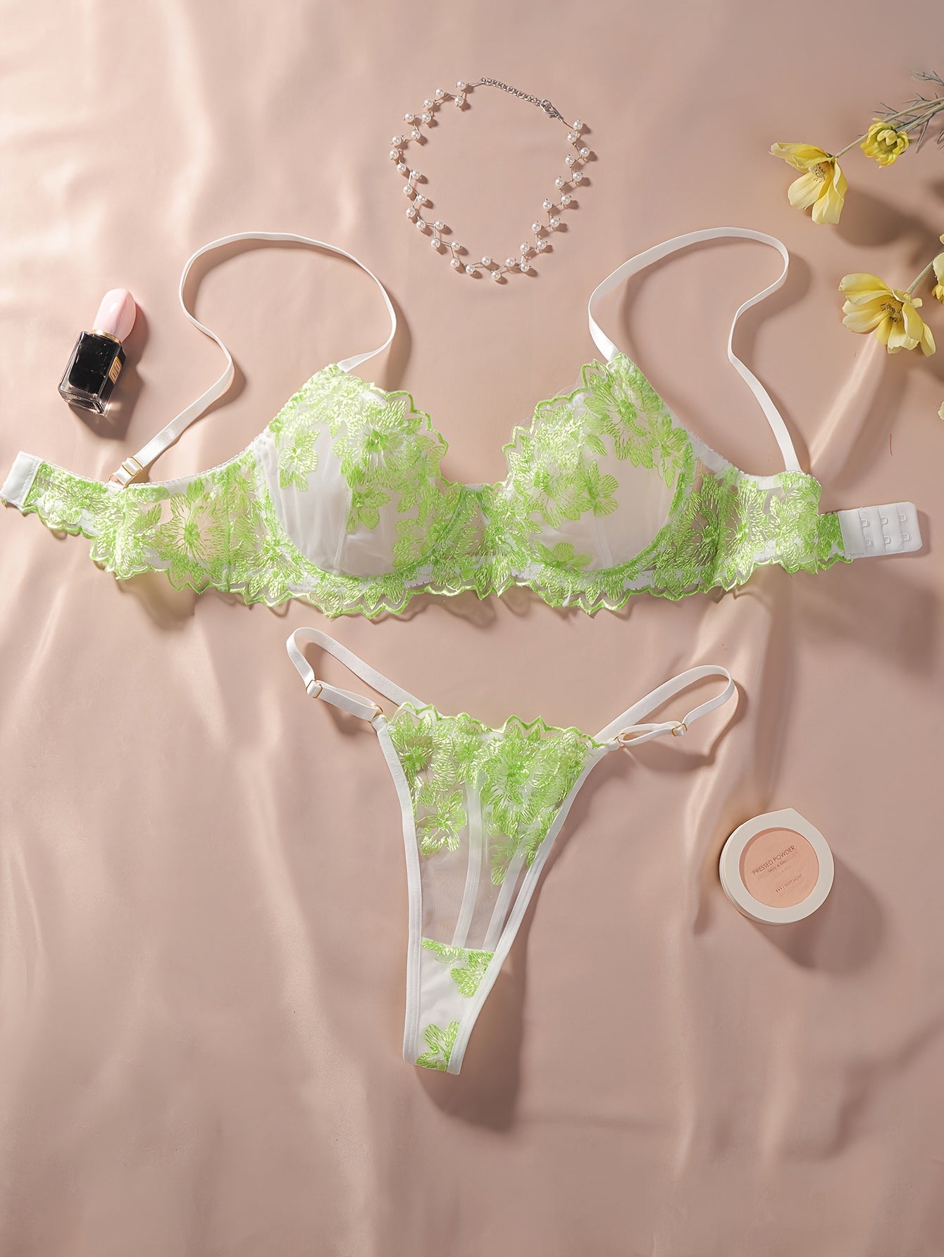 Floral Embroidery Lingerie Set, Mesh Unlined Bra & Thong, Women's Sexy Lingerie & Underwear