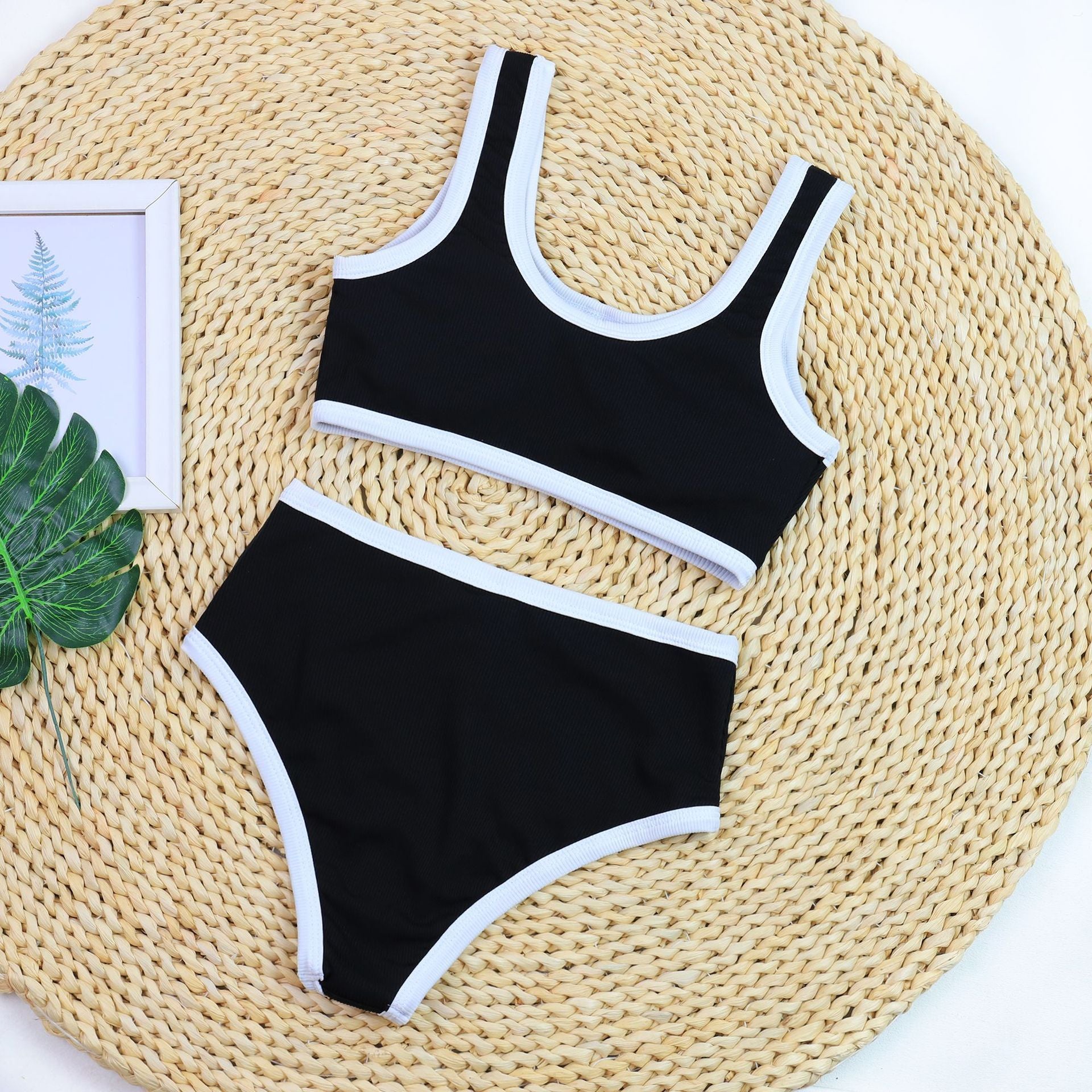 Sexy Black And White Color Matching High Waist Split Bikini Swimsuit - Peek A Boo Undies