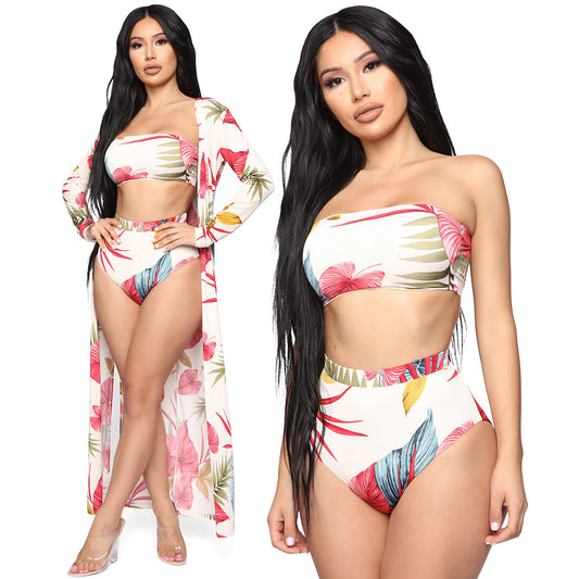 Women's Digital Print Swimsuit Three Piece Long Sleeve Cape