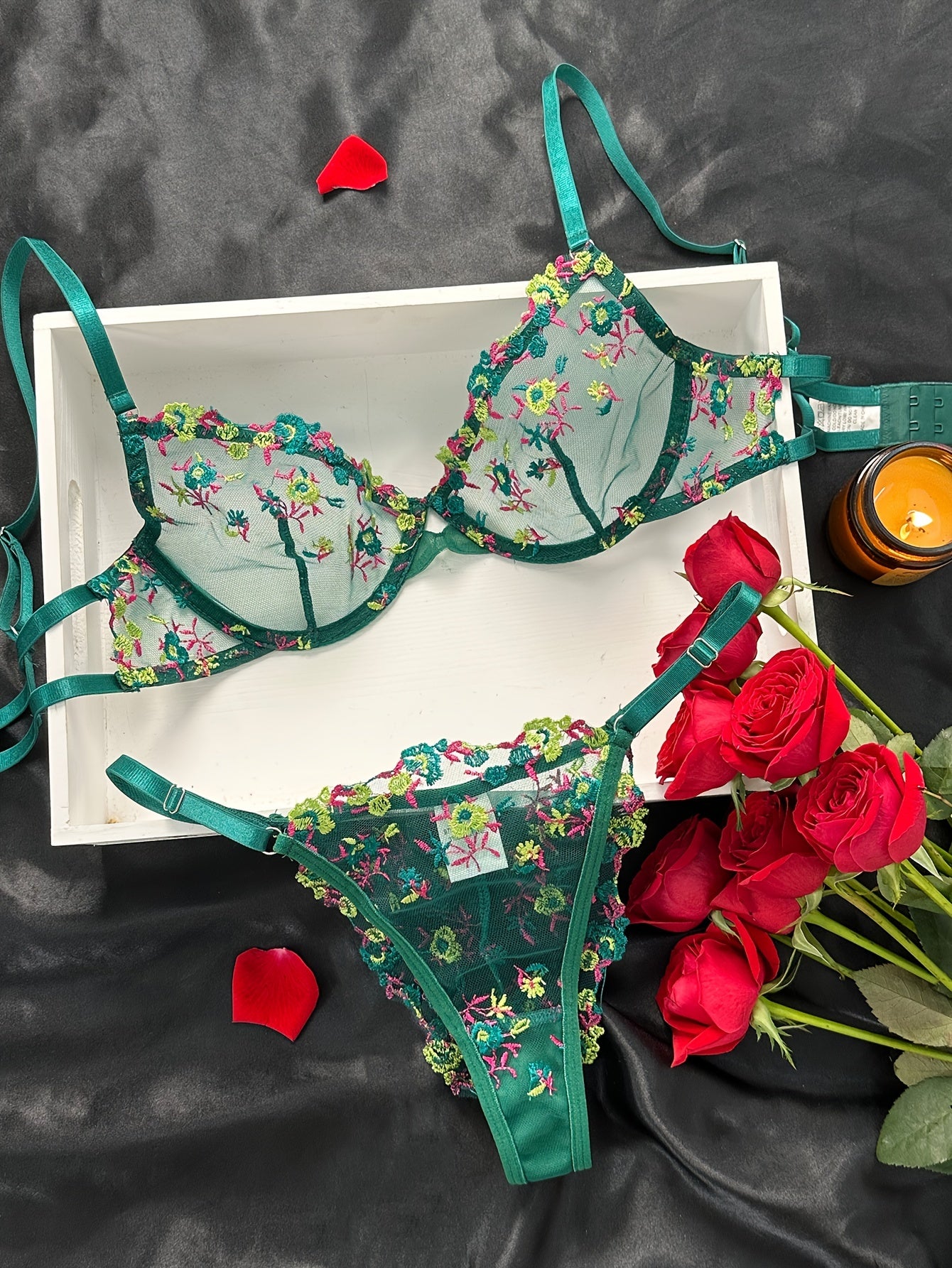 Floral Embroidery Lingerie Set, Cut Out Unlined Bra & Mesh Thong, Women's Sexy Lingerie & Underwear