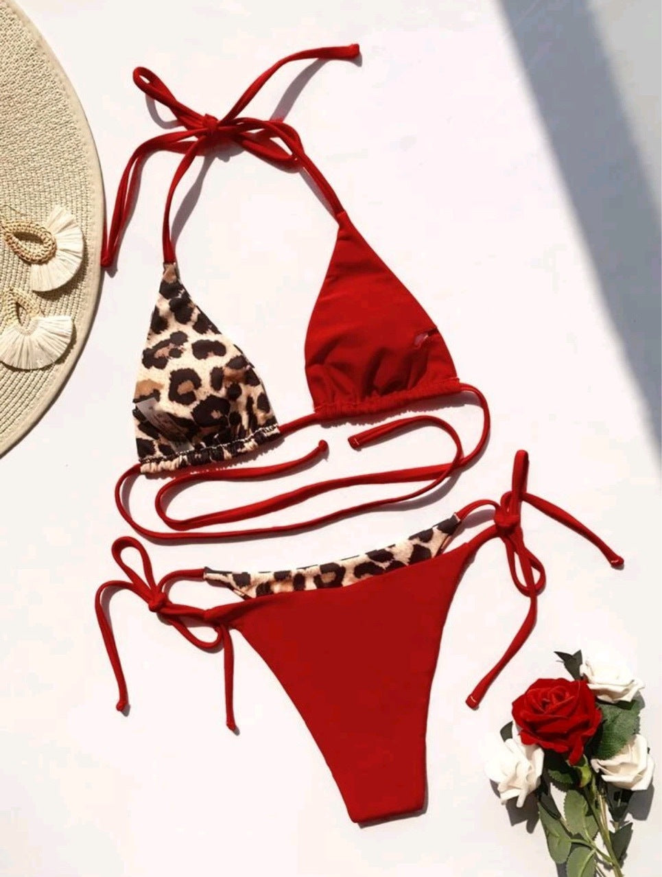 Women's Leopard Print Split Swimsuit Halter Lace-up Bikini Suit