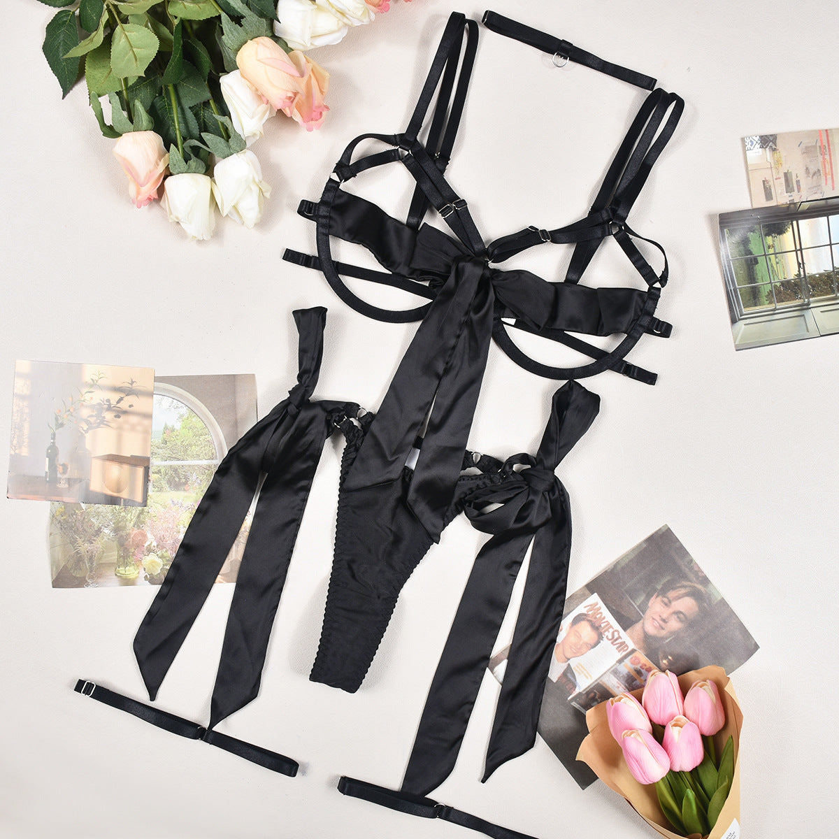Satin Dew Leg Ring Strap Lingerie 4-piece Set - Peek A Boo Undies