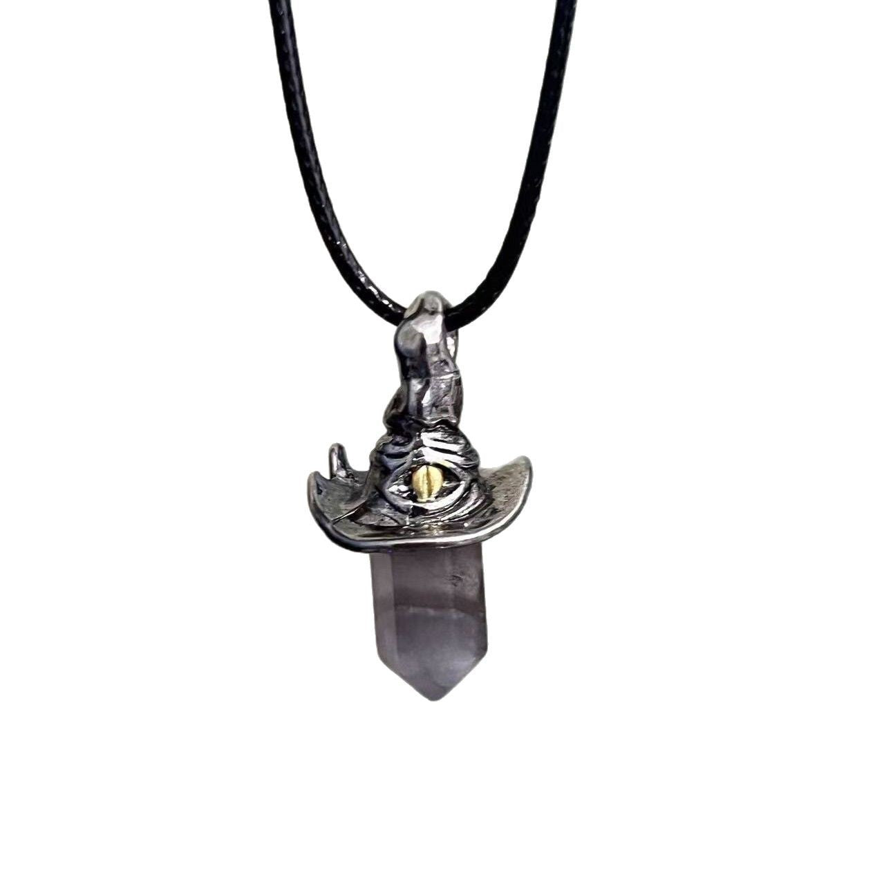 Retro Natural Amethyst Hexagonal Witch Hat Pendant Necklace