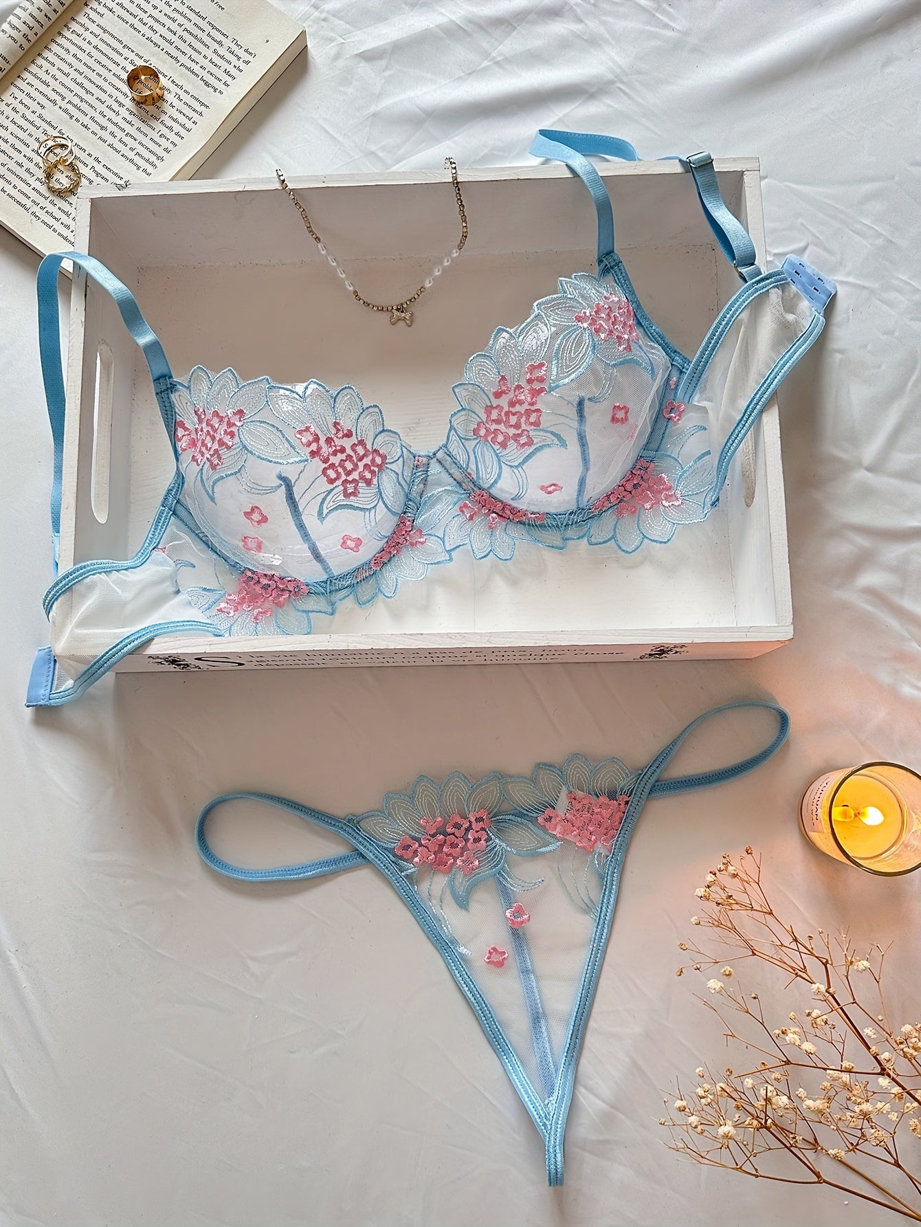 Floral Lace Lingerie Set, Sheer Unlined Bra & Mesh Thong, Women's Sexy Lingerie & Underwear