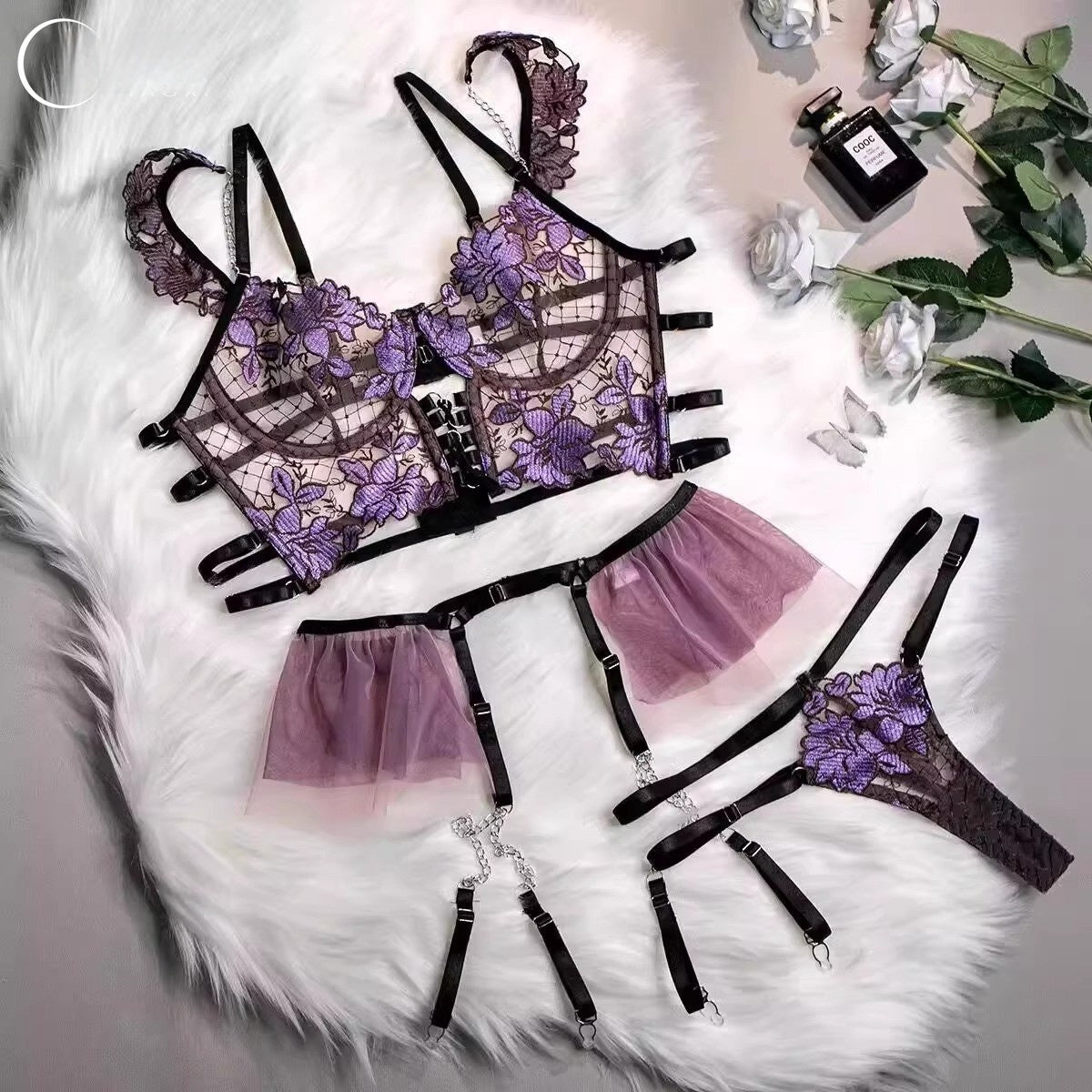 Purple Rose Lingerie Lace Embroidery Three-piece Set