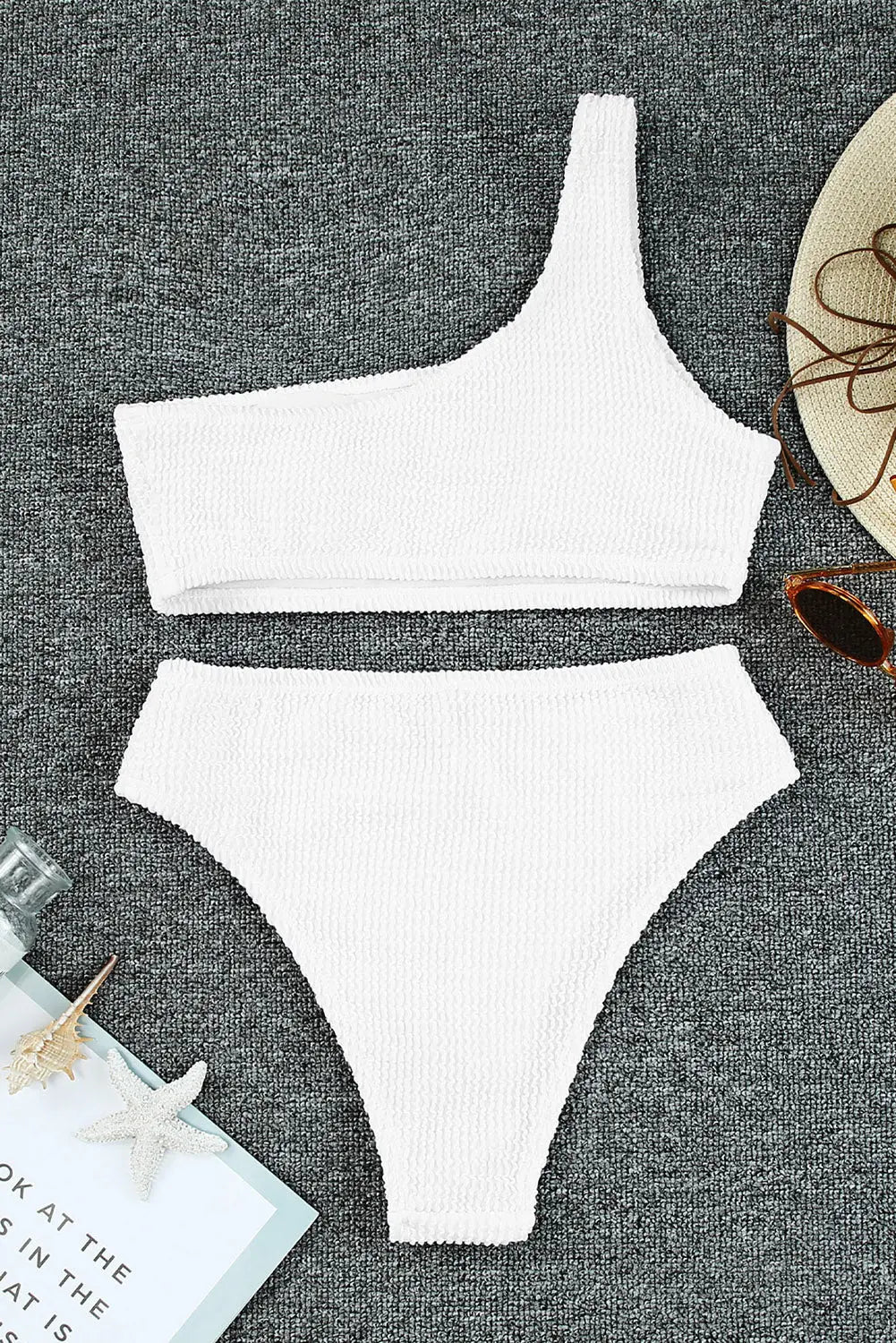 White Crinkle Textured Asymmetric One Shoulder Bikini Swimsuit - Image #6