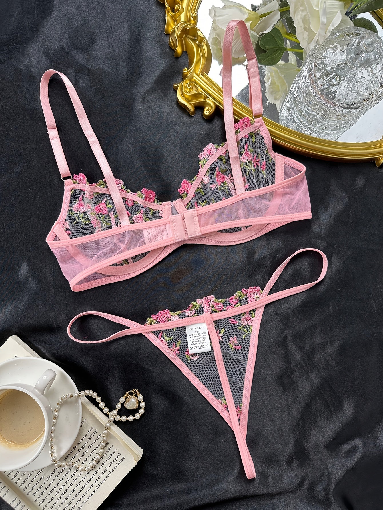 Floral Embroidery Lingerie Set, Sheer Unlined Bra & Mesh Thong, Women's Sexy Lingerie & Underwear