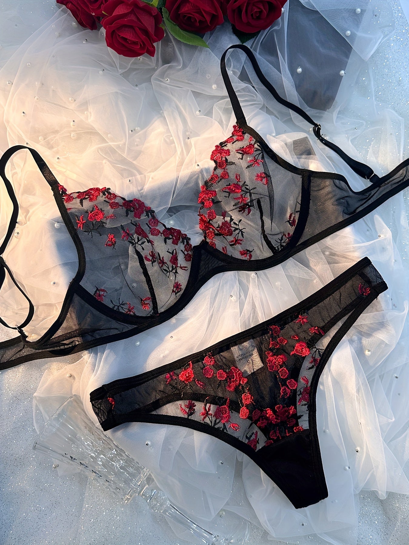 Floral Embroidery Lingerie Set, Mesh Unlined Bra & Thong, Women's Sexy Lingerie & Underwear