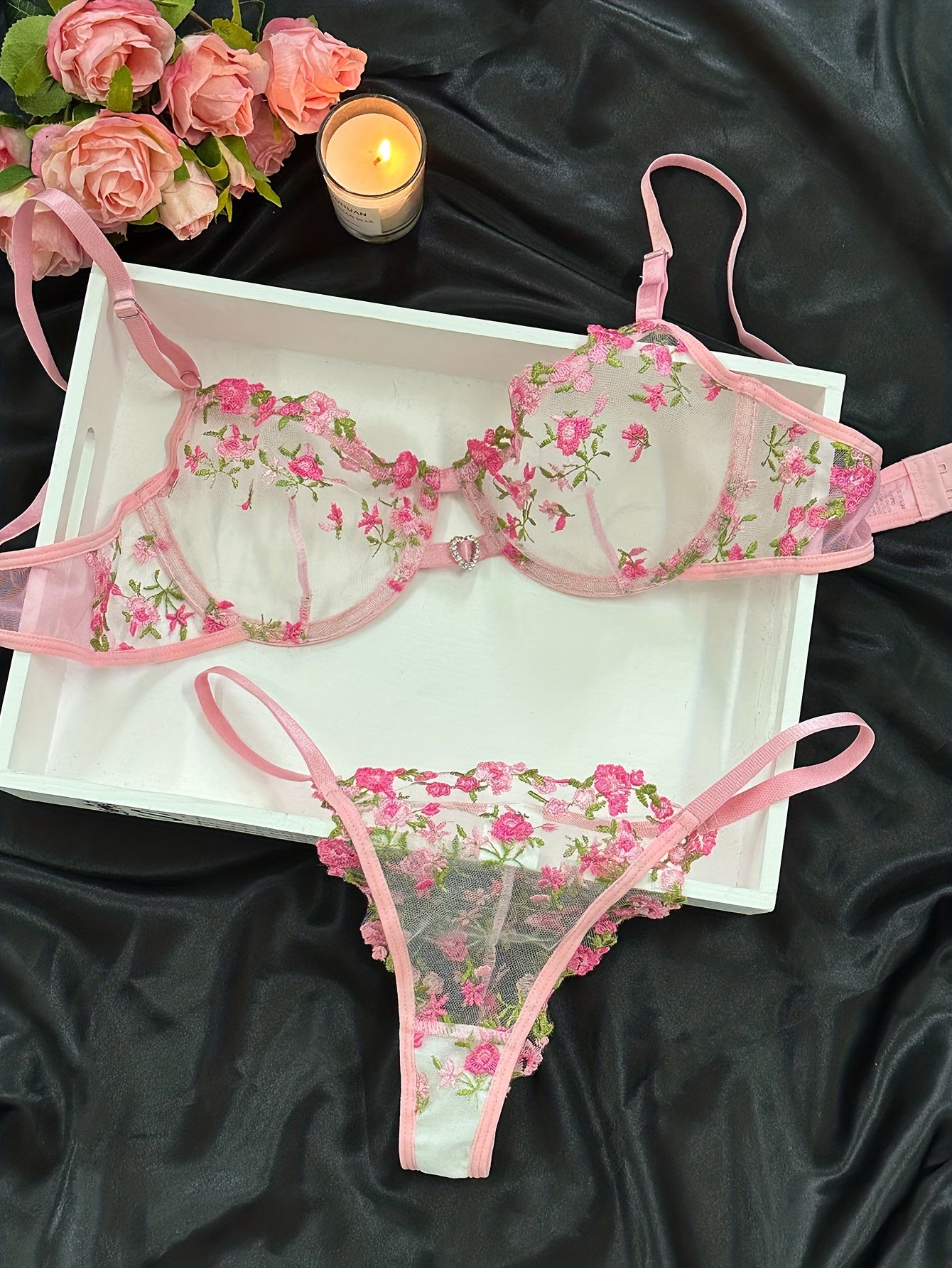 Floral Embroidery Lingerie Set, Hollow Out Unlined Bra & Sheer Mesh Thong, Women's Sexy Lingerie & Underwear