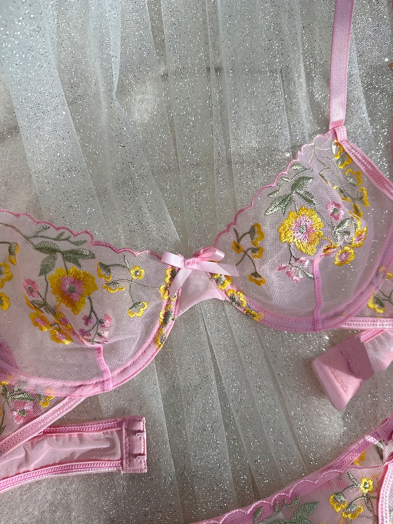 Floral Embroidery Lingerie Set, Sheer Unlined Bra & Mesh Thong, Women's Sexy Lingerie & Underwear