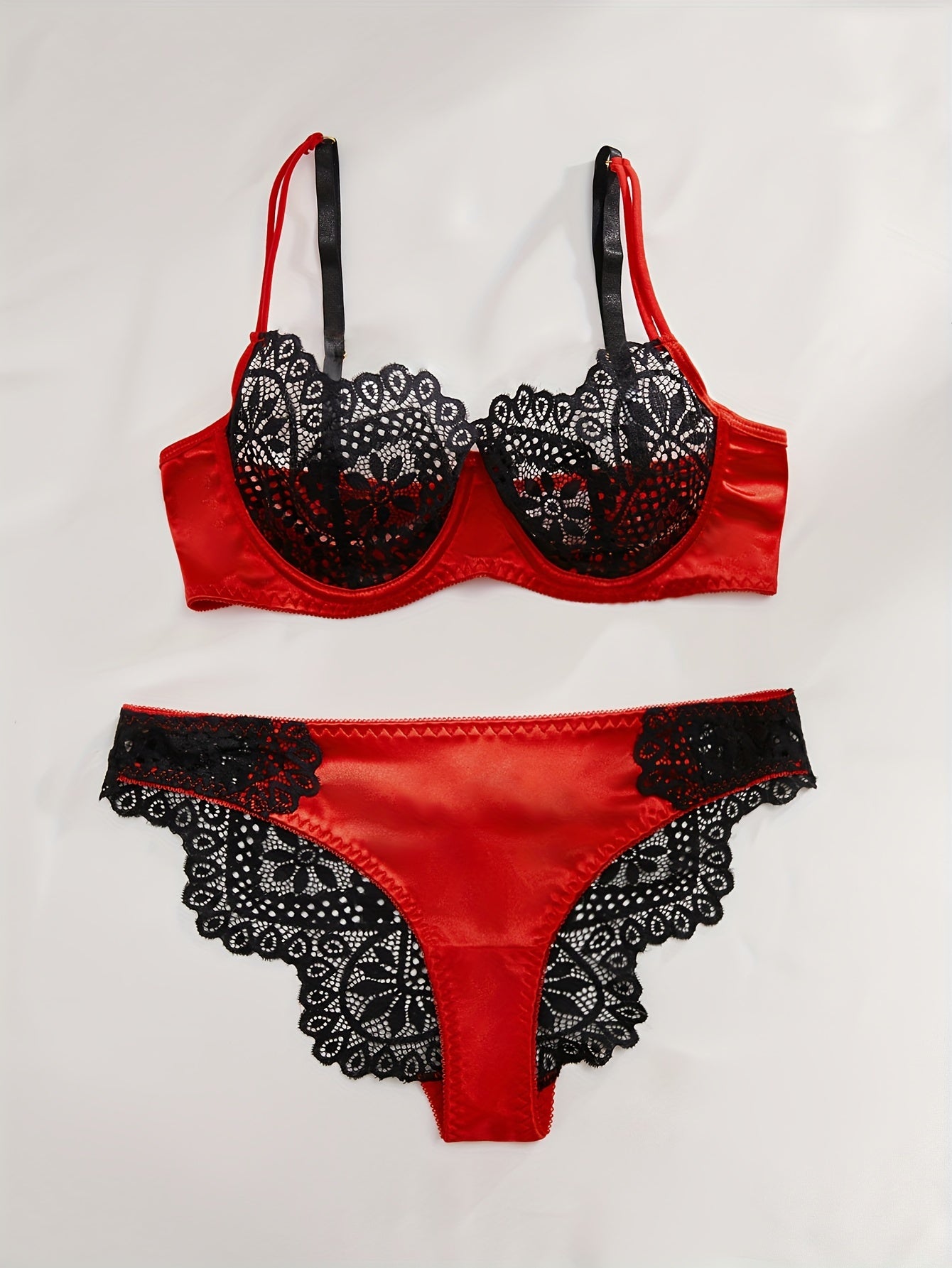 Contrast Lace Lingerie Set, Sheer Unlined Bra & Bikini Panties, Women's Sexy Lingerie & Underwear