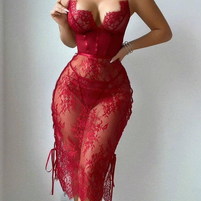 Red Wine Lace Lingerie Dress