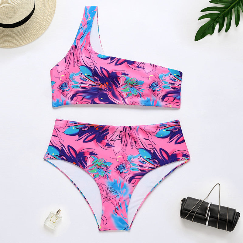 Tie-Dye Colorful One-Shoulder Bikini Ladies Split Swimsuit