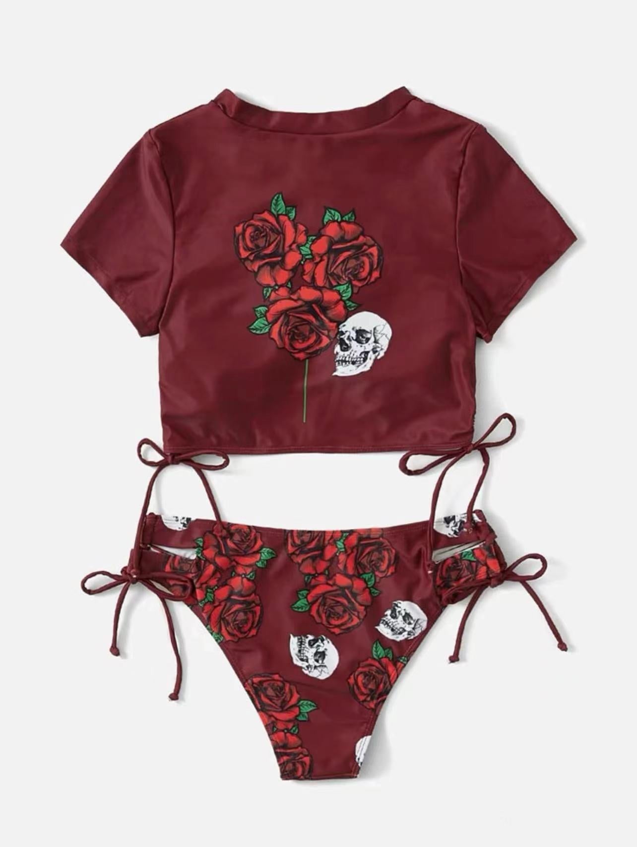 Rose Print Drawstring Split Bikini Swimsuit