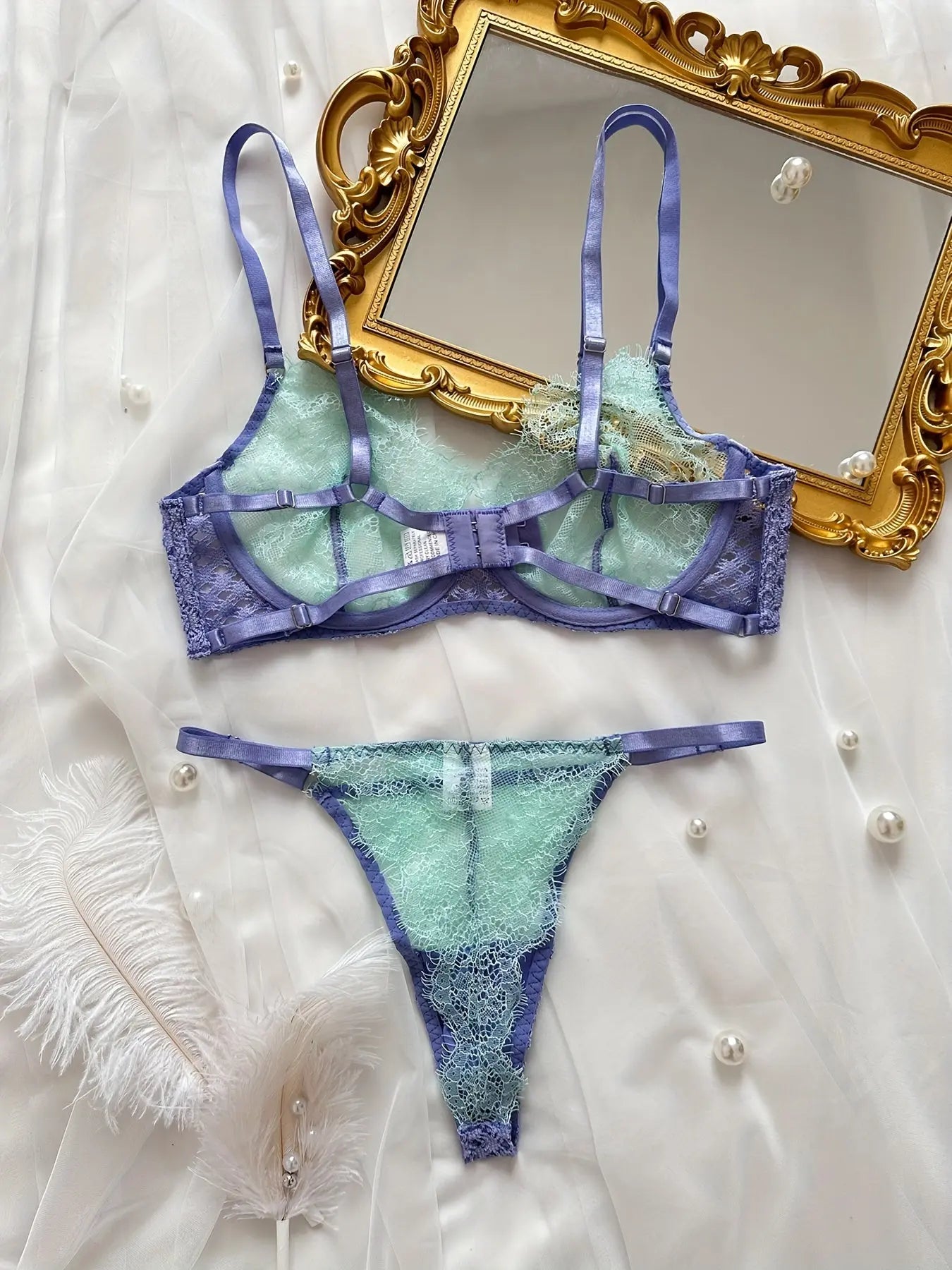 Floral Lace Lingerie Set, Cut Out Unlined Bra & Colorblock Thong, Women's Sexy Lingerie & Underwear - Image #4