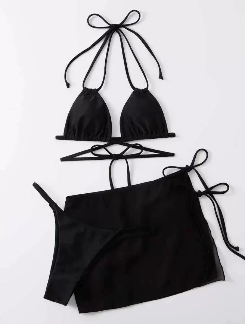 Pure Color Tied Three-piece Bikini Set