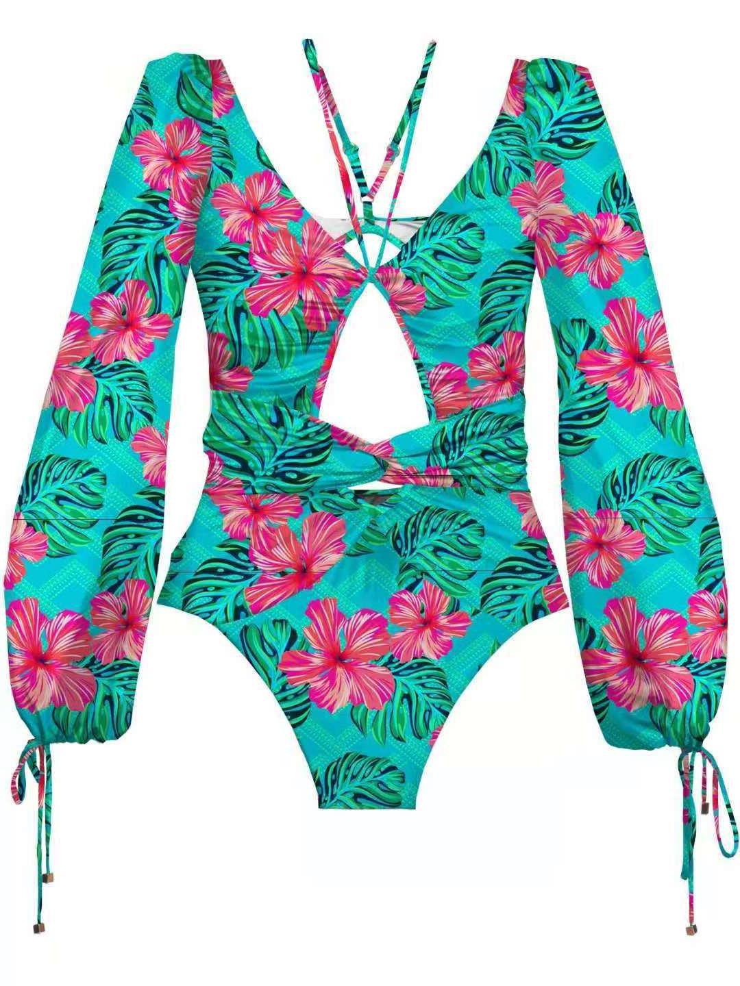 One Piece Print Bikini Women's Long Sleeve Swimsuit