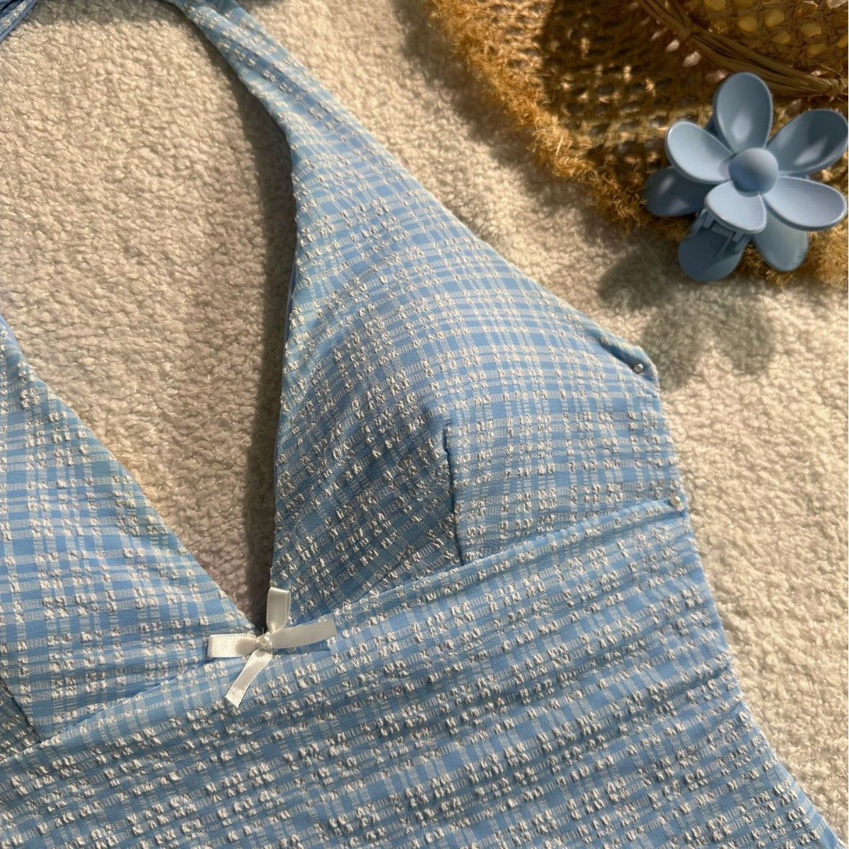 Plaid Collar Sleeveless Slim Fit Top Drawstring Short Lace Pants  Swimsuit