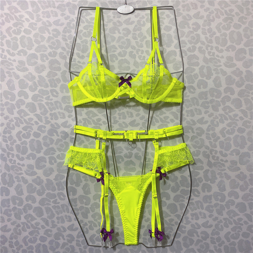 Embroidery Fluorescent Green Perspective Bra Bow Lingerie Set