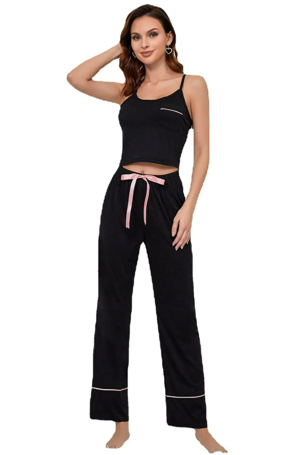 Contrast Trim Cropped Cami and Pants Loungewear Set - Image #3