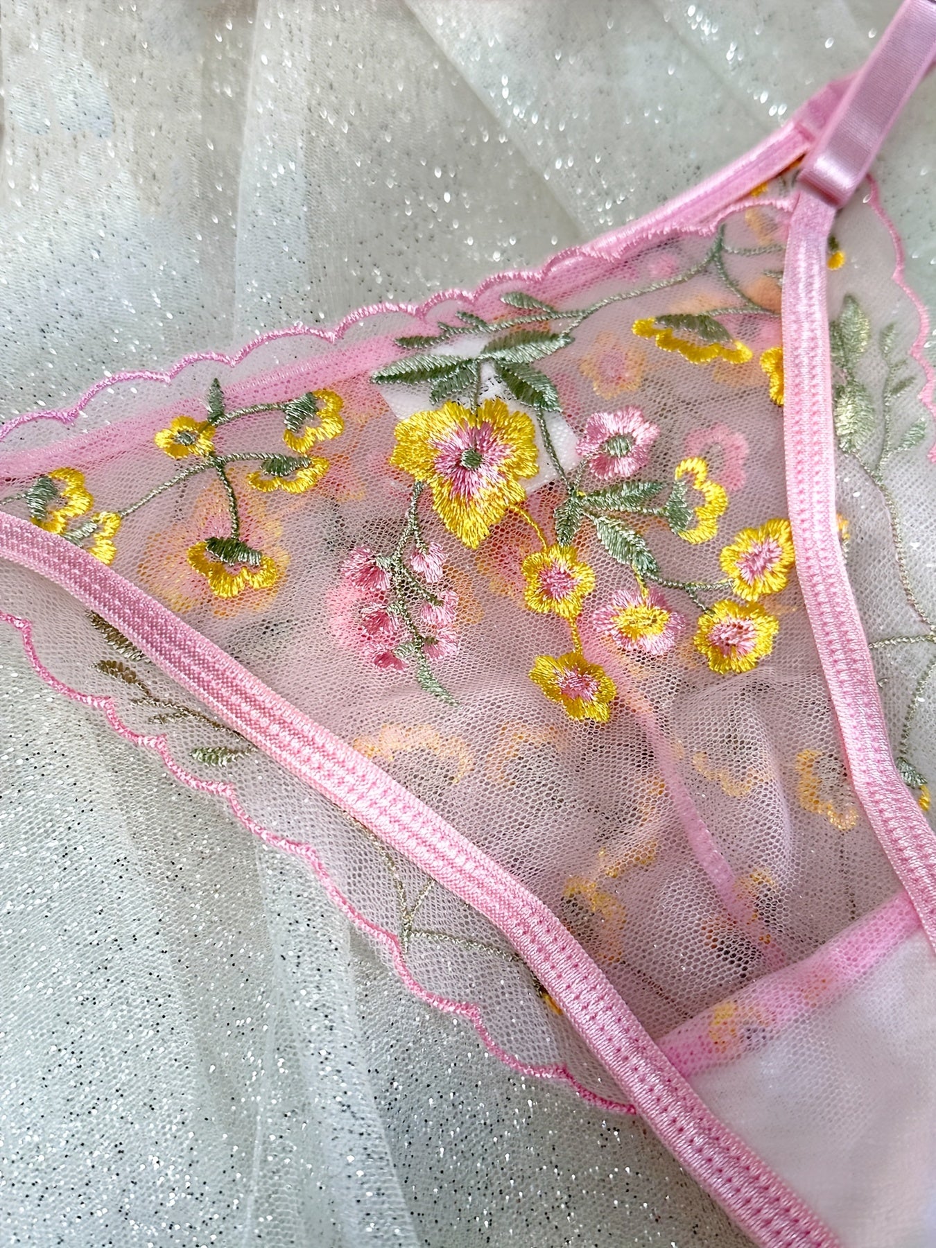 Floral Embroidery Lingerie Set, Sheer Unlined Bra & Mesh Thong, Women's Sexy Lingerie & Underwear