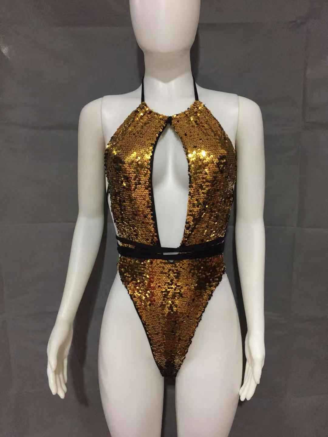 Sexy Strappy One-piece Swimsuit Halterneck Sequin Bikini