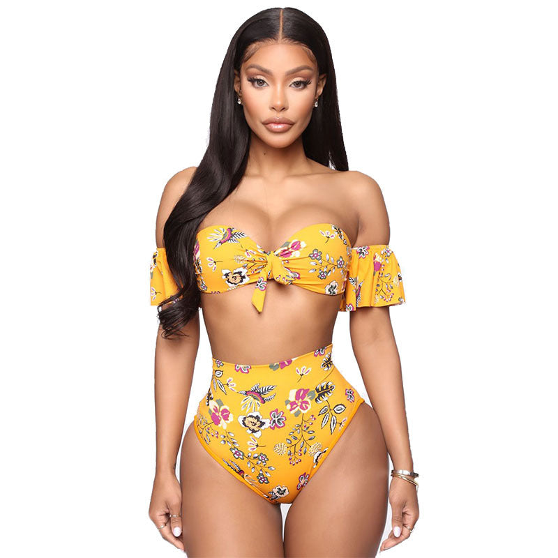 One-shoulder Lotus Split High Waist Leaf Print Swimsuit