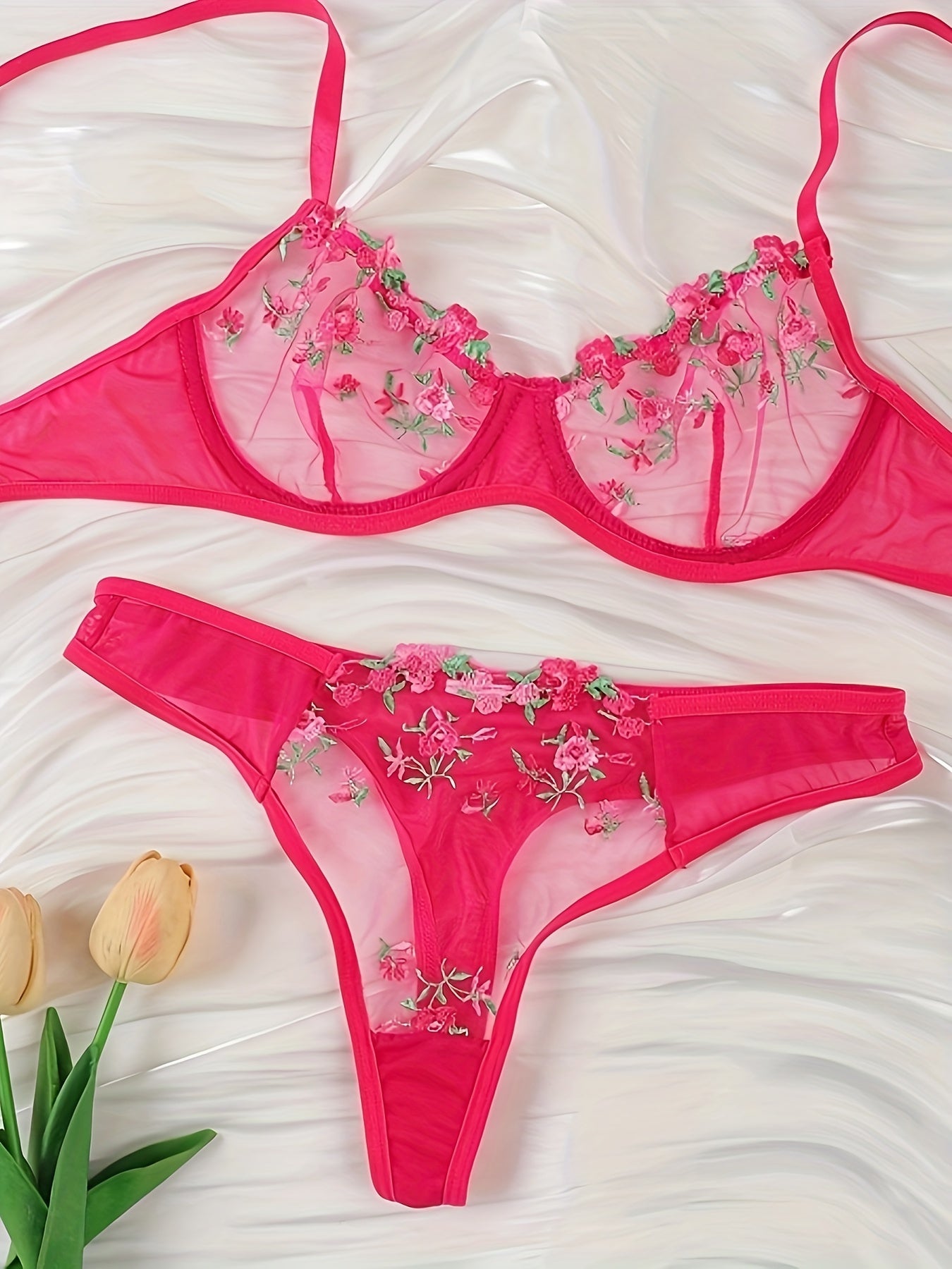 Floral Embroidery Lingerie Set, Mesh Unlined Bra & Thong, Women's Sexy Lingerie & Underwear