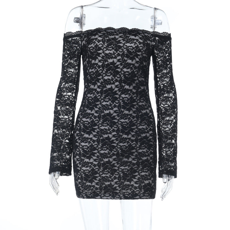 One-shoulder Lace Long-sleeved Dress