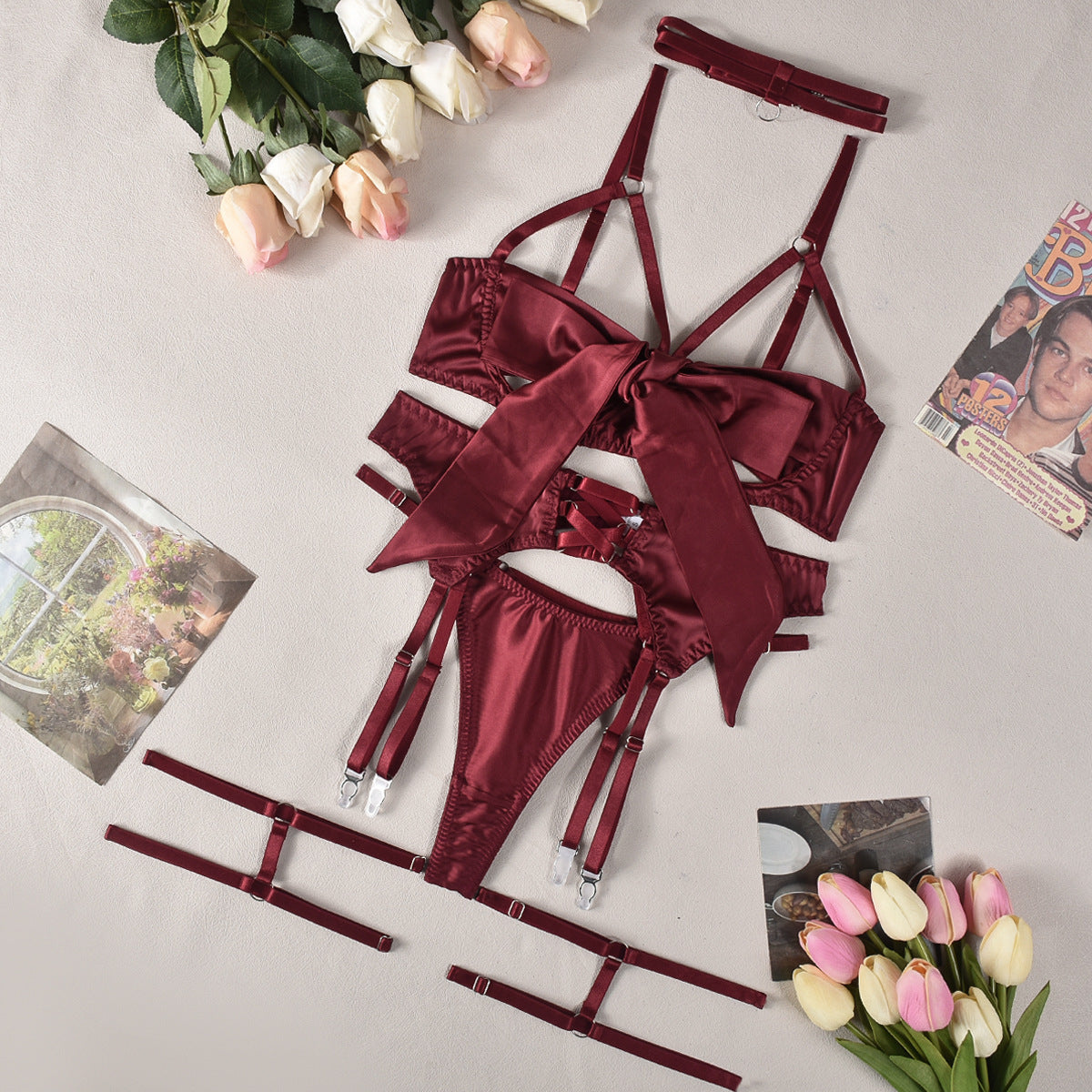 Bow Tie Hot Lingerie Comfortable Four-piece Set - Peek A Boo Undies