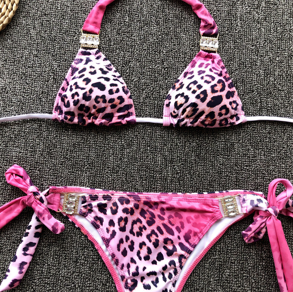 Pink Leopard Print Split Bikini