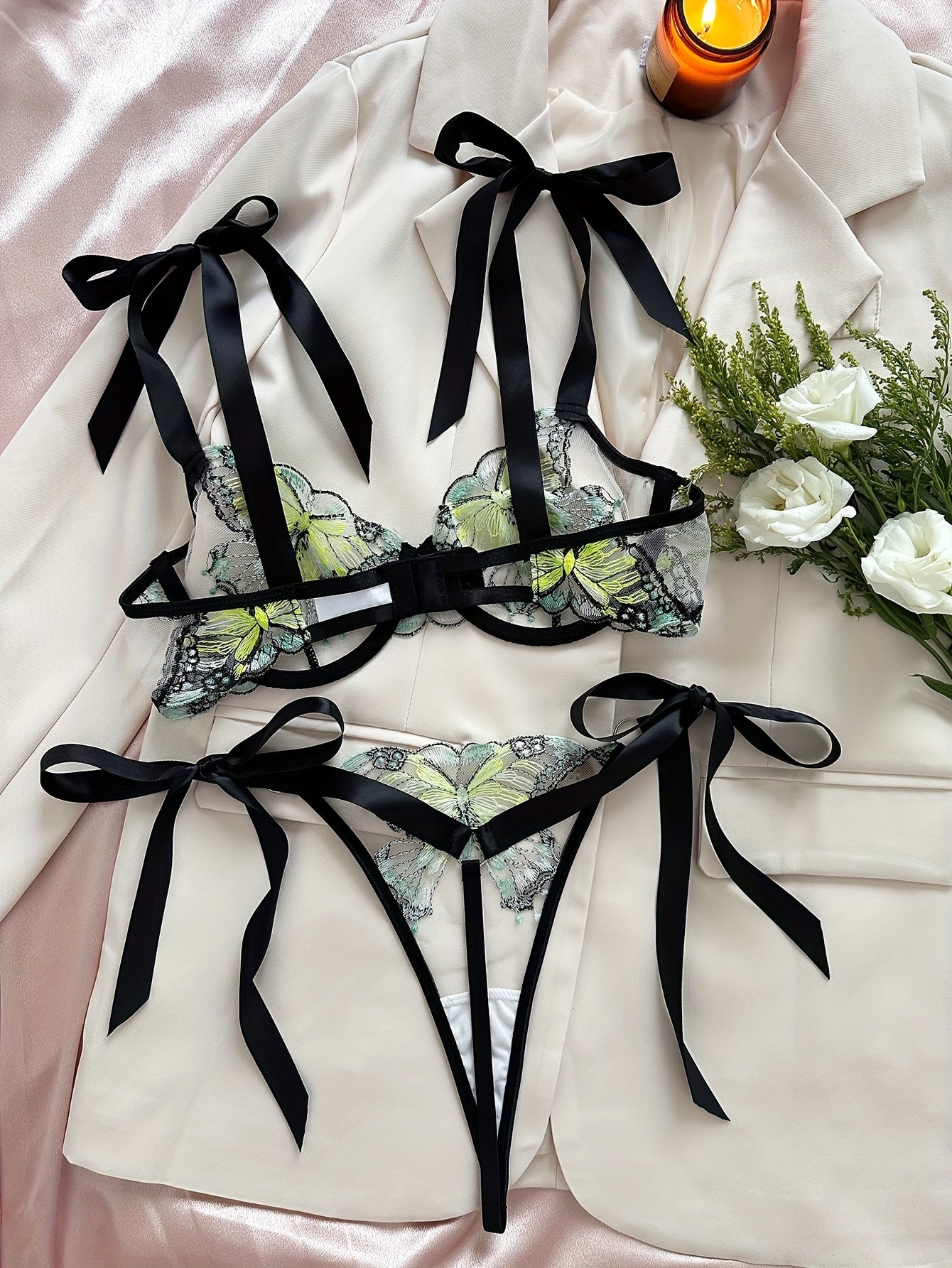 Butterfly Embroidery Lingerie Set, Unlined Mesh Bra & Strappy Thong, Women's Sexy Lingerie & Underwear