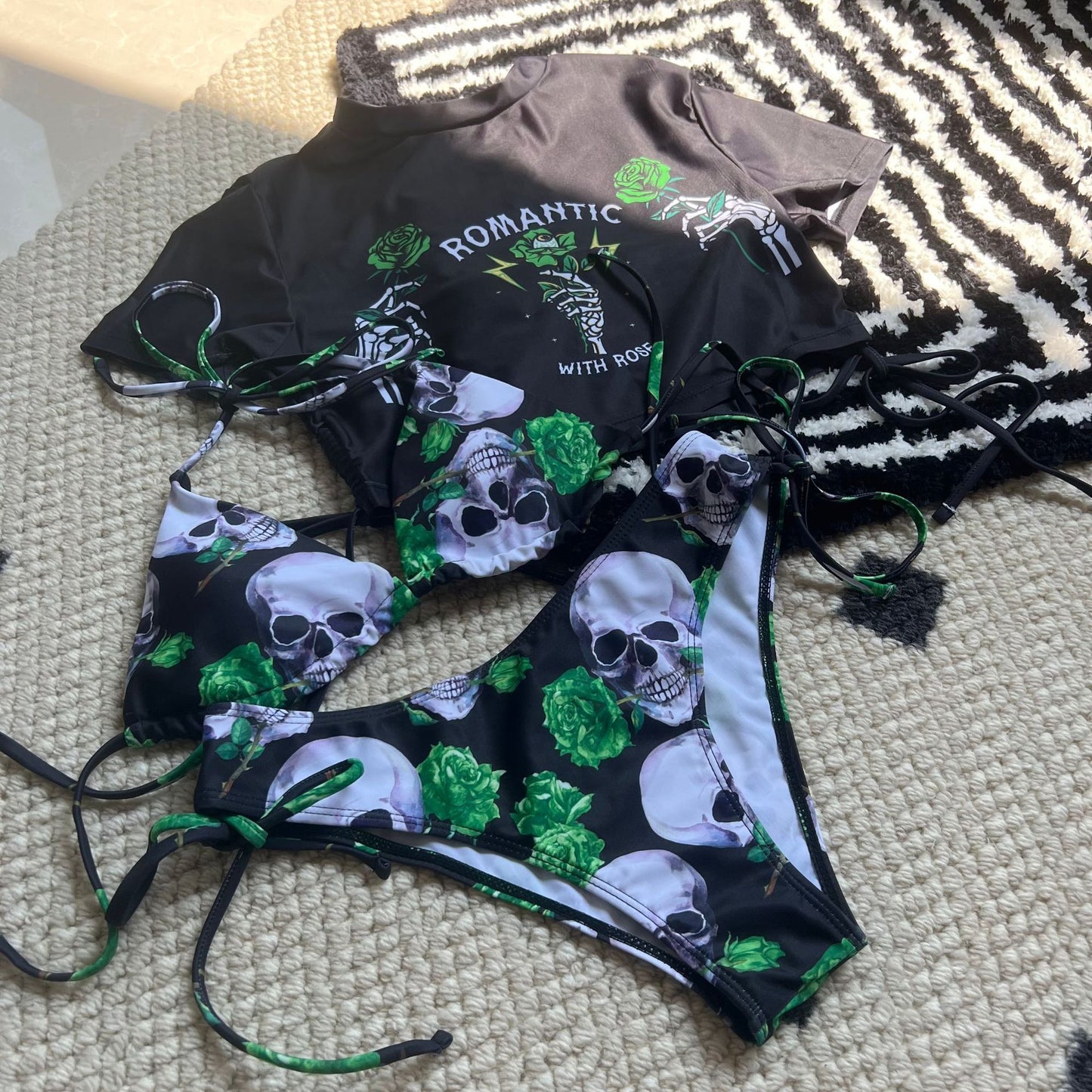 Sexy Skull Rose Printed Three-piece Set Swimwear Swimsuit Bikini