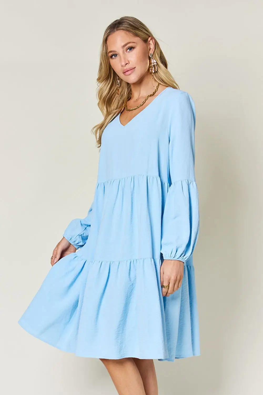 Double Take Full Size V-Neck Balloon Sleeve Tiered Dress with Pockets - Image #27