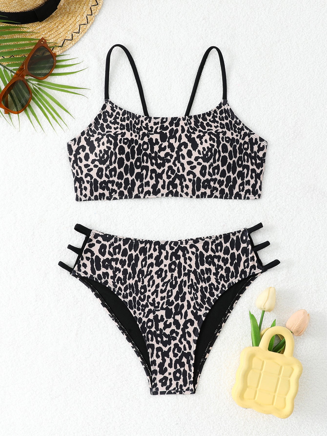 Leopard Print Split Two-piece Suit Multi-rope Bikini Swimsuit