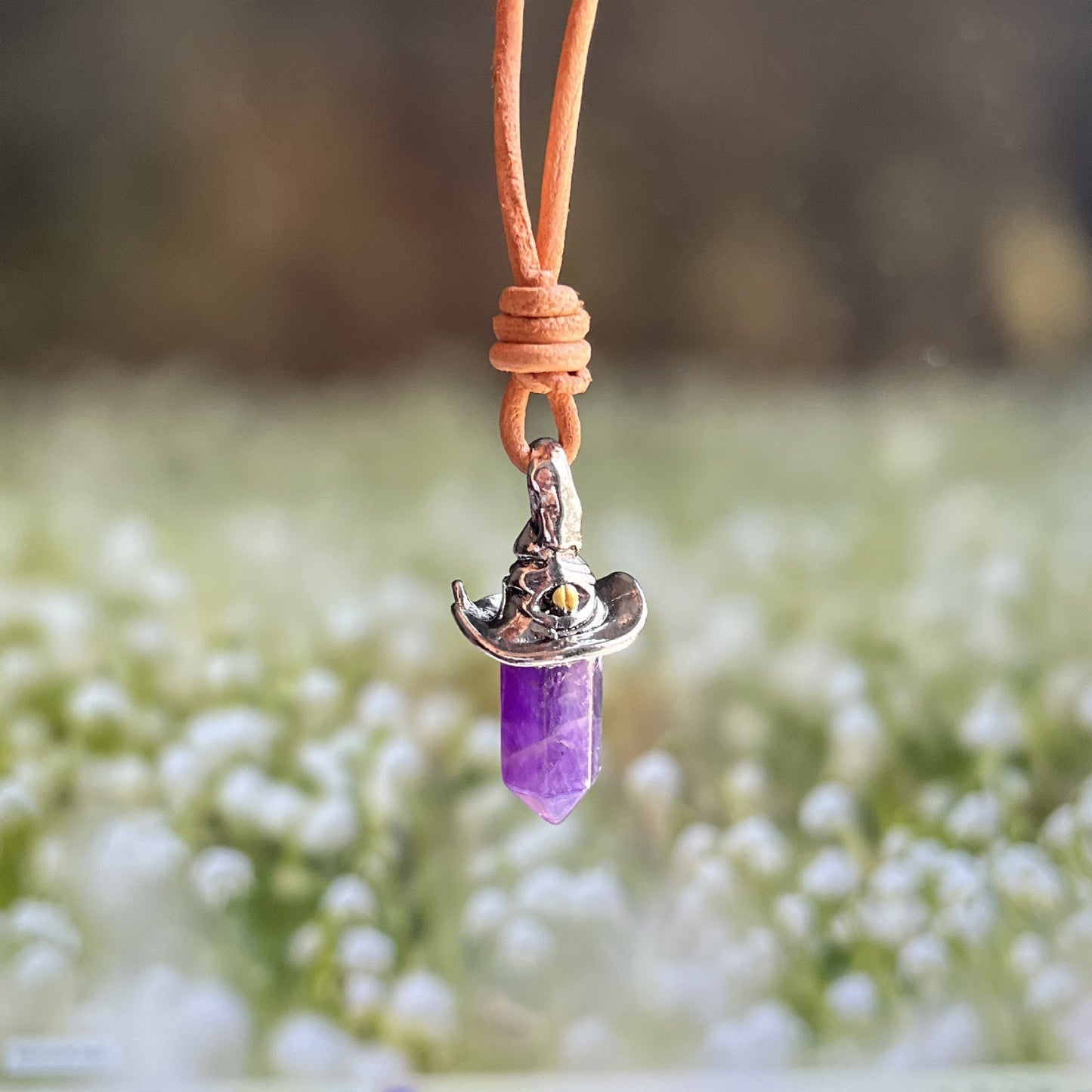 Retro Natural Amethyst Hexagonal Witch Hat Pendant Necklace