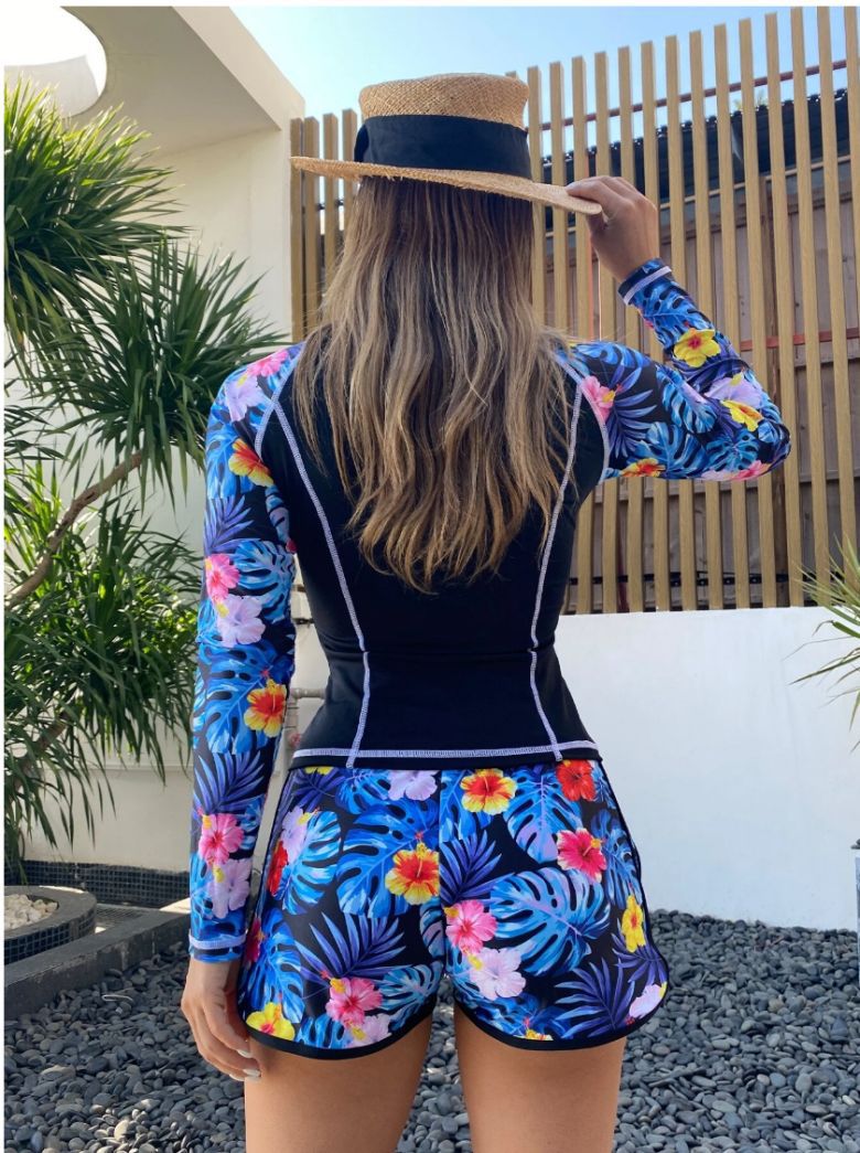 Printed Boxers Conservative Women's Long-sleeved Sunscreen Diving Suit Swimsuit