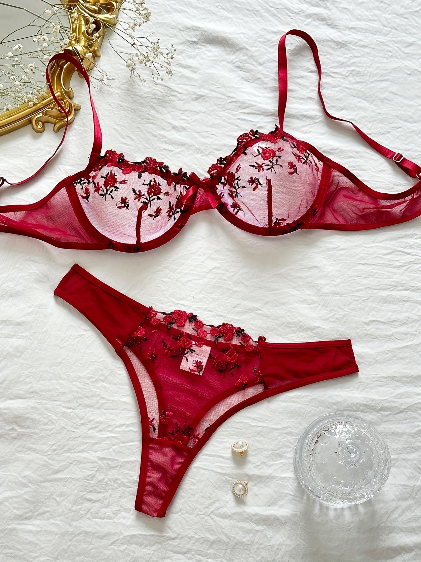 Floral Embroidery Lingerie Set, Sheer Bow Tie Unlined Bra & Mesh Thong, Women's Sexy Lingerie & Underwear