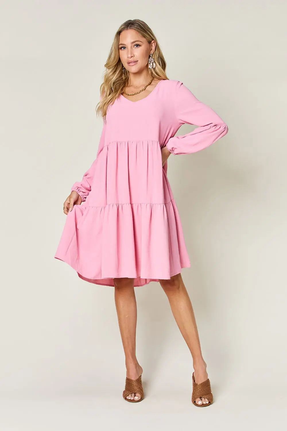 Double Take Full Size V-Neck Balloon Sleeve Tiered Dress with Pockets - Image #6