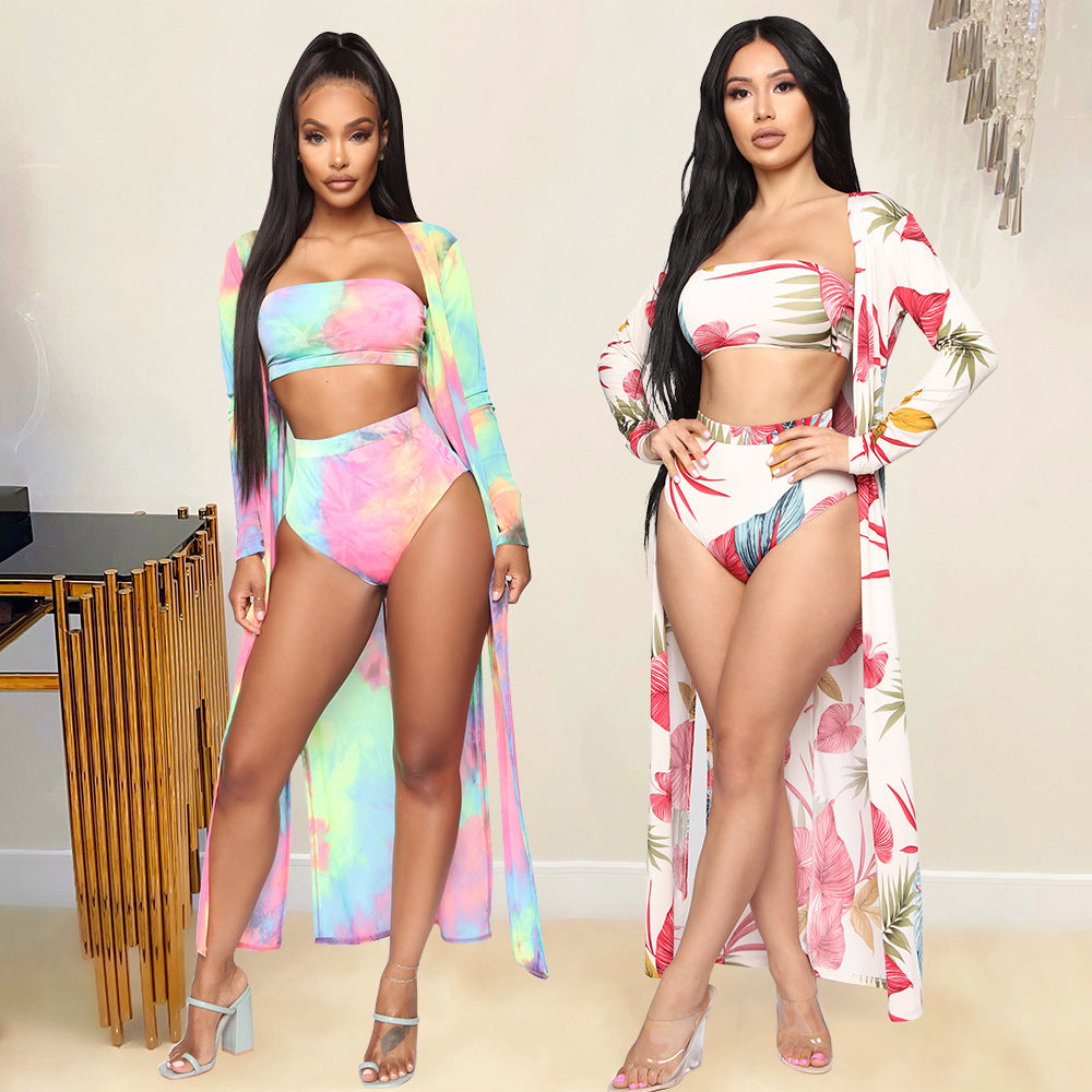 Women's Digital Print Swimsuit Three Piece Long Sleeve Cape