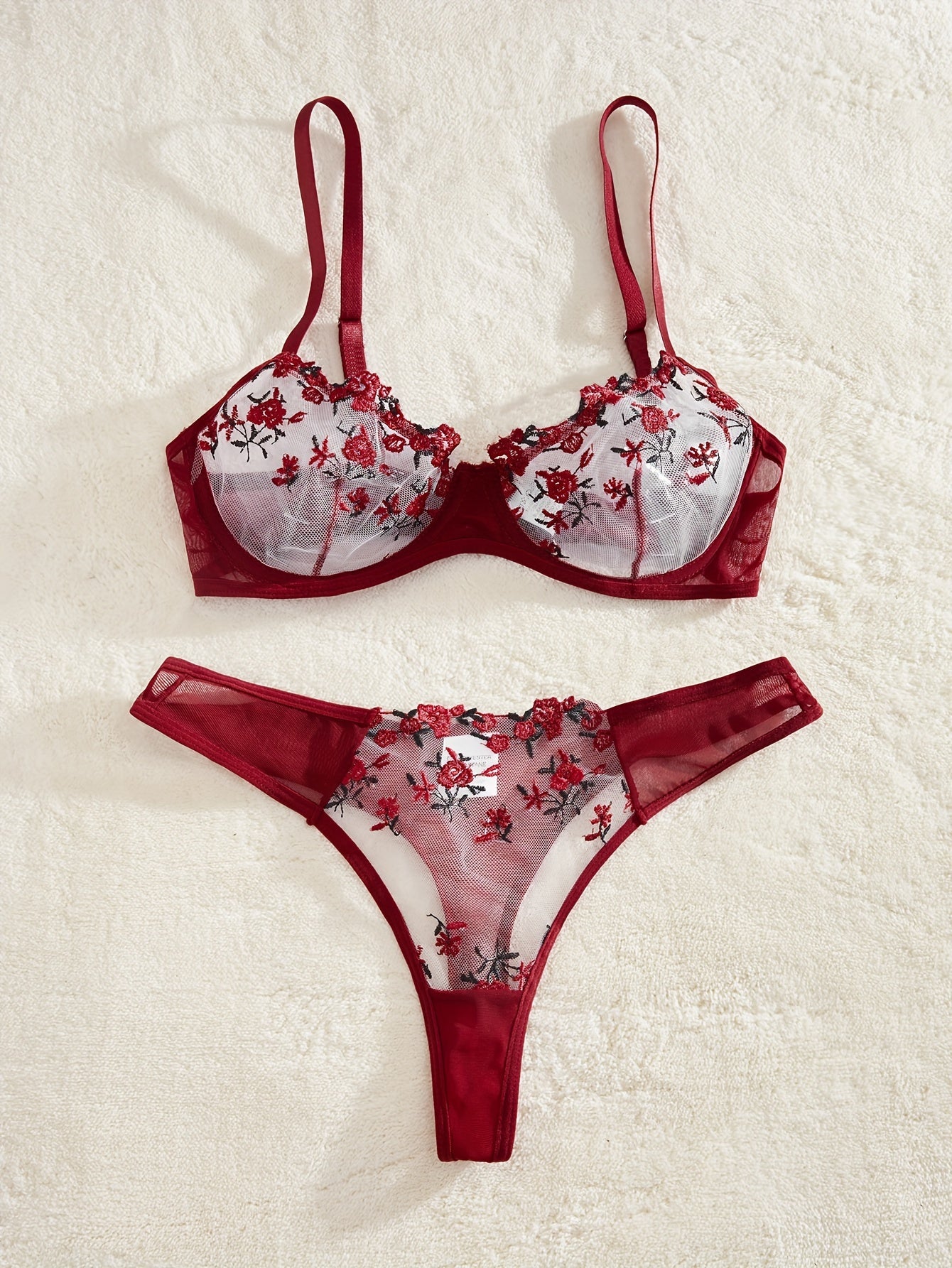 Flower Lingerie Set, Semi-sheer Mesh Bra & Matching Cheeky Panty, Women's Sexy Lingerie & Underwear